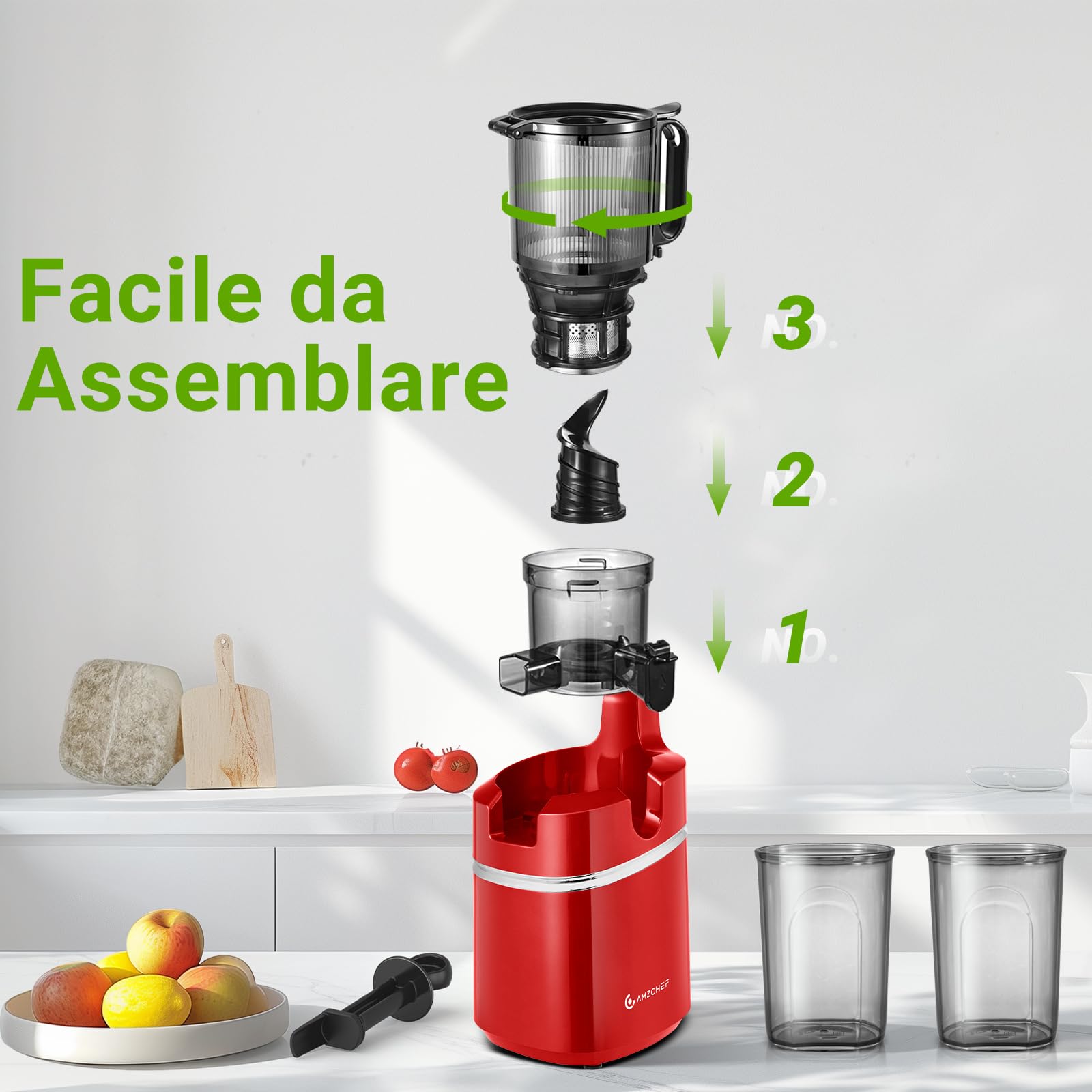 AMZCHEF Estrattore Automatico, Apertura 135MM e Capacità 1,8L Estrattore Frutta e Verdura Intera, 250W Estrattori di Succhi Professionale con Triplo Filtro - Rosso