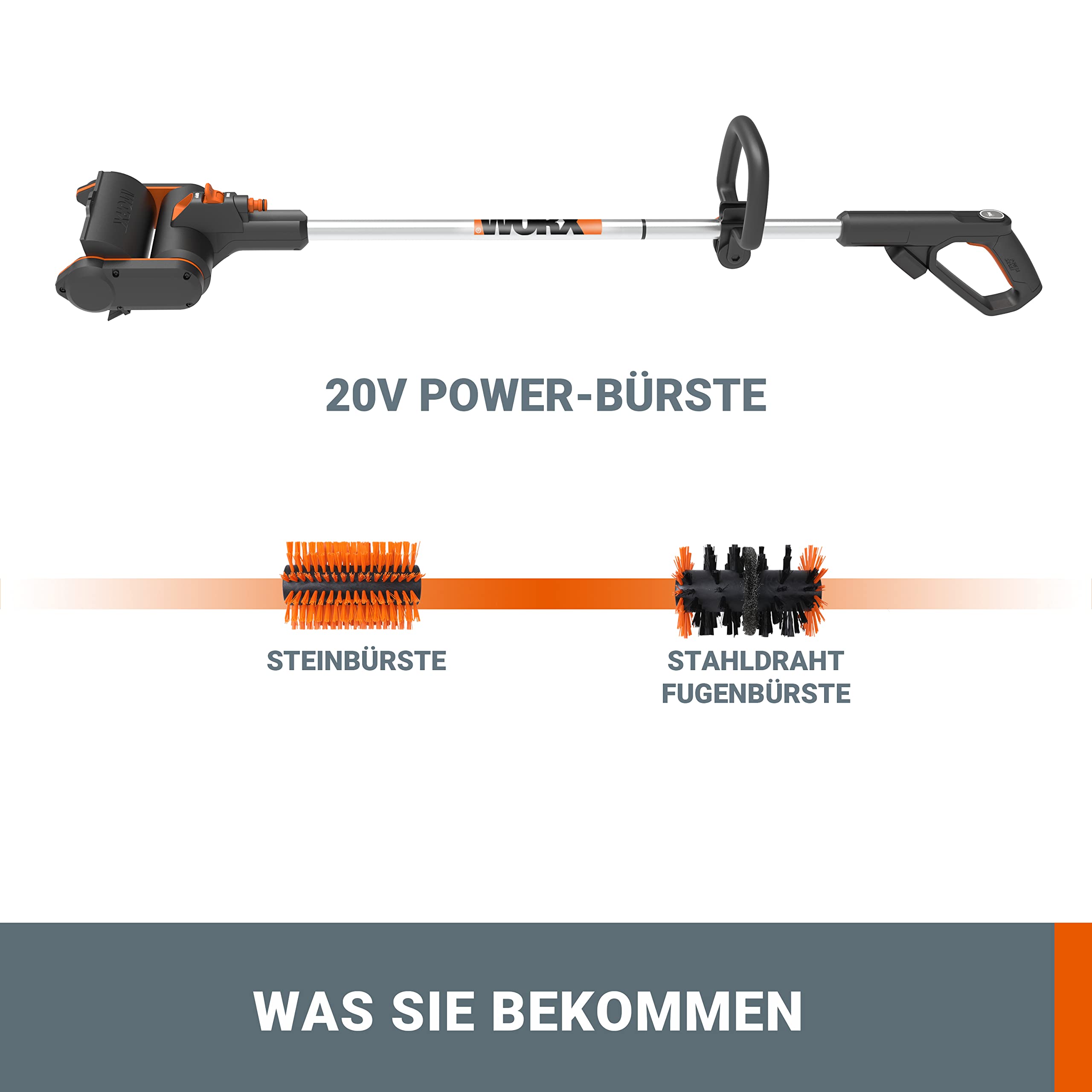 WORX WG441E.9 Akku-Multi-Bürste 20V -multifunktionale Oberflächenbürste für Stein-& Holfzflächenreinigung & Unkrautentfernung -integrierter Wasseranschluss -PowerShare kompatibel-ohne Akku & Ladegerät