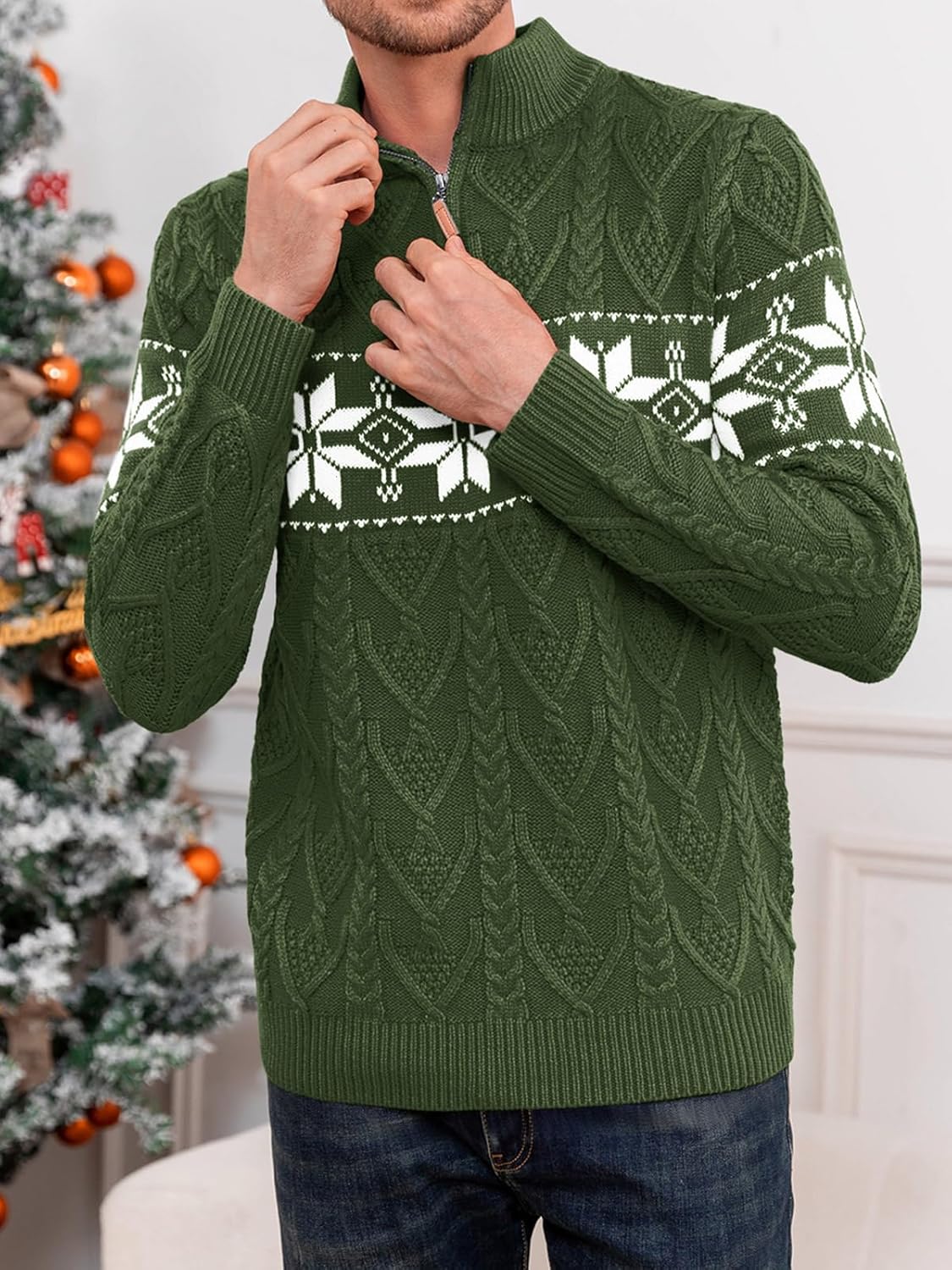 Makkrom Mens Ugly Christmas Sweater Quarter Zip Pullover Long Sleeve Snowflake Mock Neck Soft Knitted Sweaters - Image 3