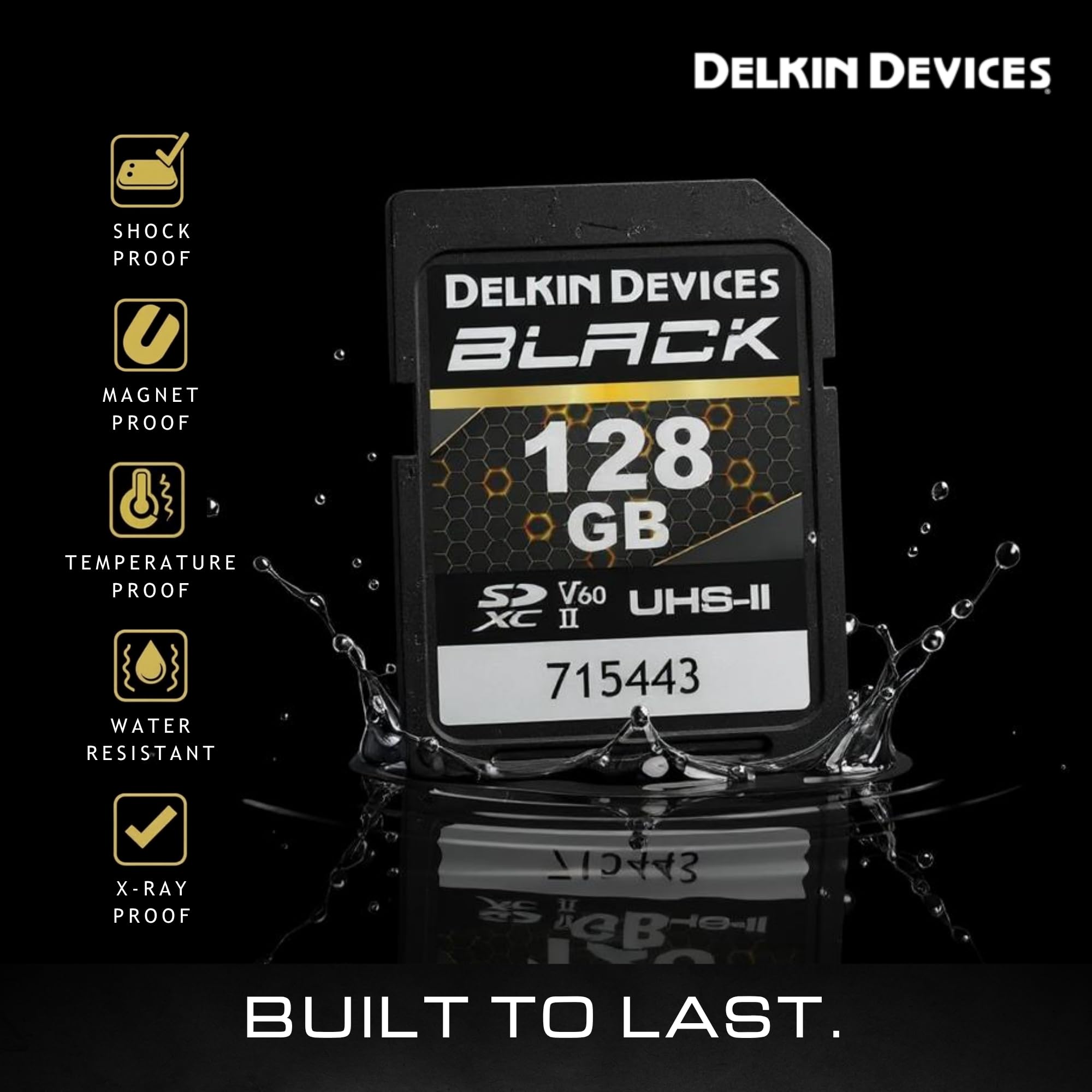 Delkin Devices Scheda di memoria SDXC resistente nera, UHS-II, C10, U3, V60, video Full HD e 8K, velocità fino a 290 MB/s in lettura, 190 MB/s in scrittura, ideale per fotografi e videografi (128 GB)