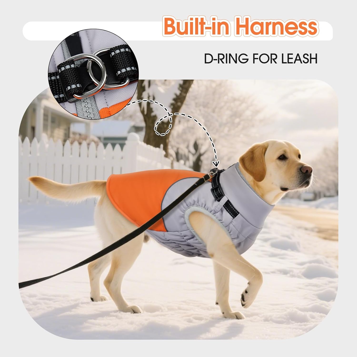 DENTRUN Dog Coat with Harness Built in, Windproof Water-Repellent Winter Dog Jacket with Reflective Strips & Fleece Lined, Plush Turtle Neck for Small Dogs, Orange, XS - Image 4