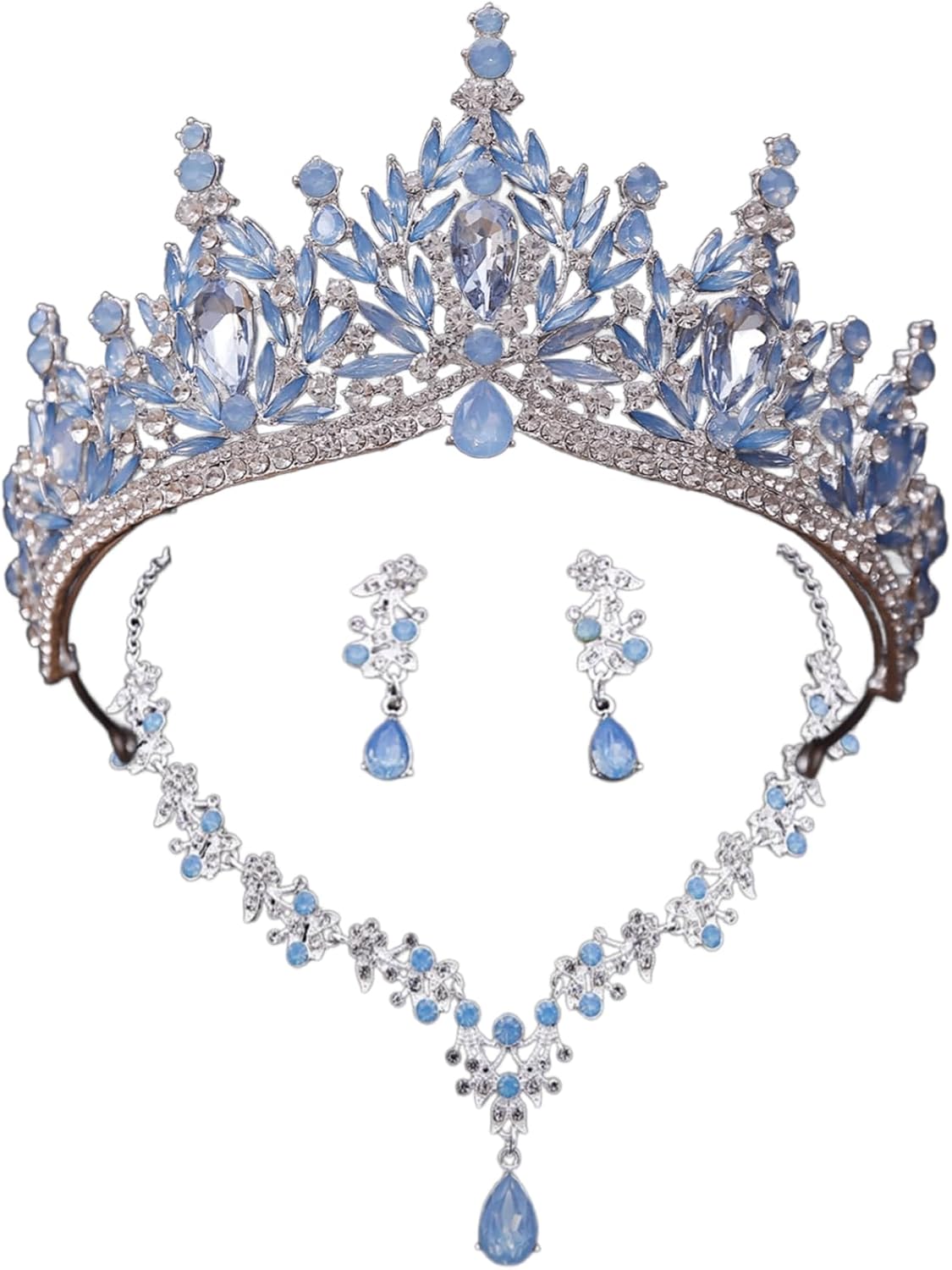Light Blue Opal Silver Tiara Jewelry Set with Necklace & Earrings – Bridal Crown in Luxury Gift Box for Weddings & Prom