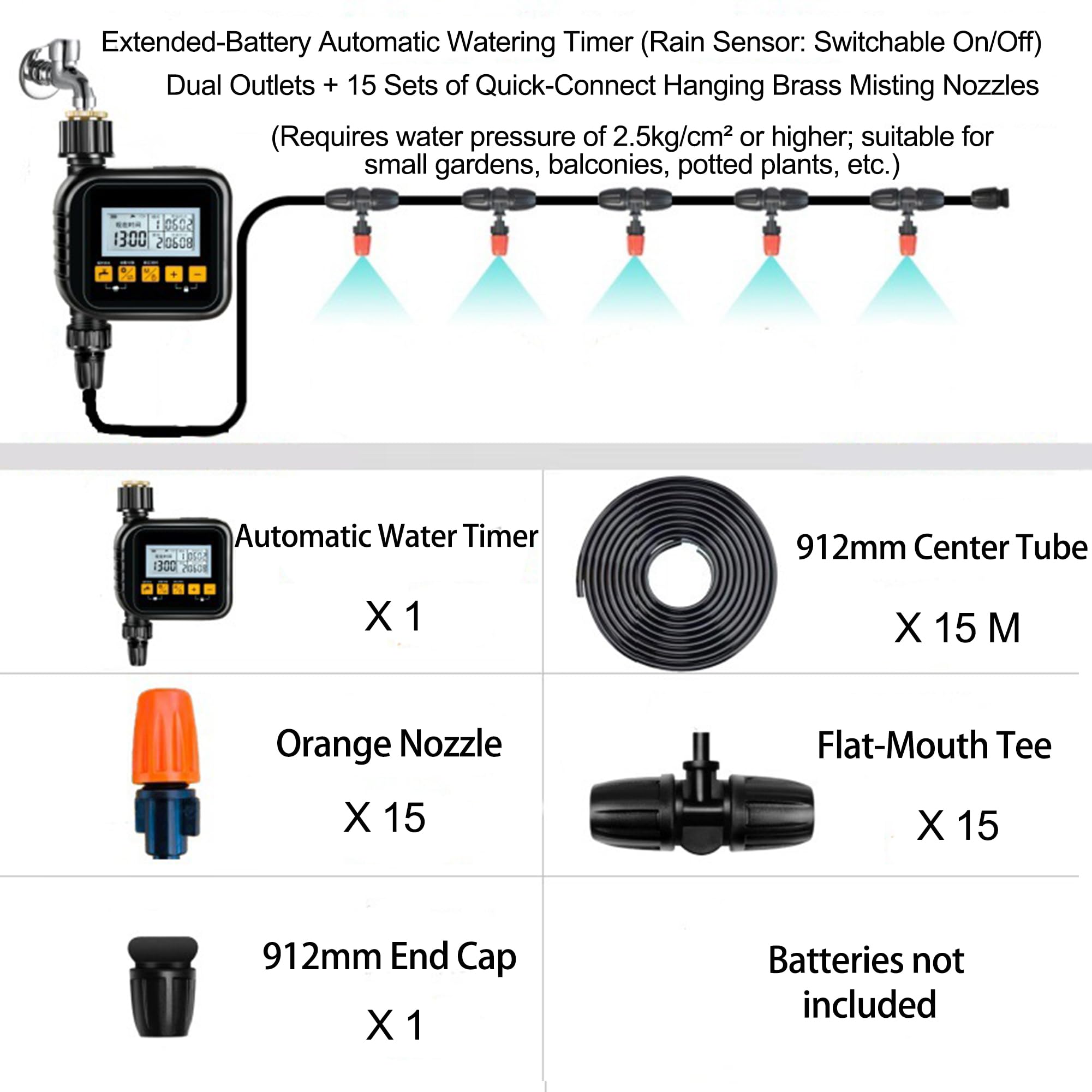 Wasser-Timer & Schlauch-Timer, Gartenbewässerung, Bewässerungssystem für Balkon- und Hof-Pflanzen — Automatischer Pflanzenbewässerer mit Timer 15m + 15 Orange Cooling Spray Nozzles