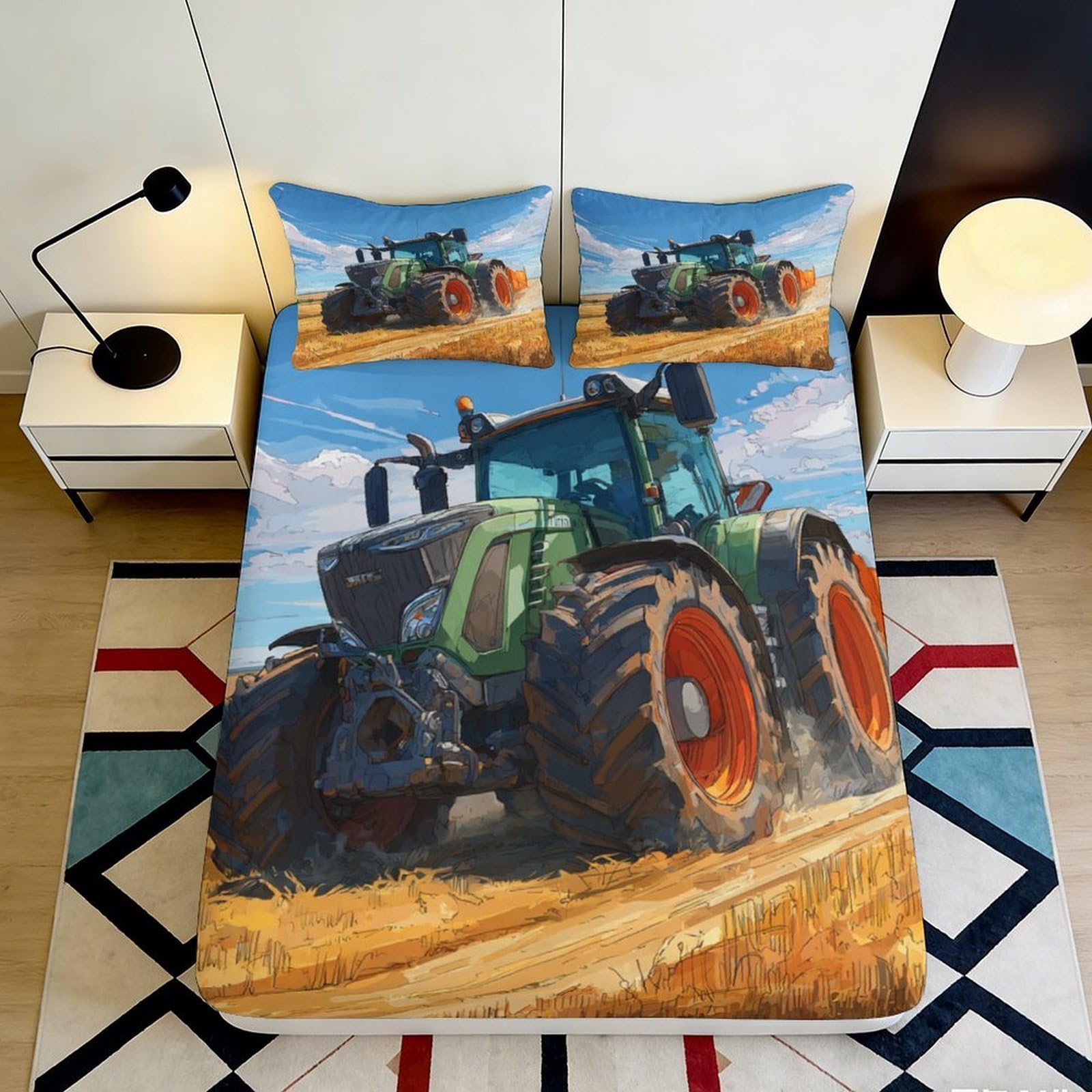Pnayamiorkfel Style-6 3D Printed Green Tractor Fitted Sheet Microfiber Soft Bed Cover Cartoon Farm Scene For Bedroom Dorm Decor 90X200x25cm