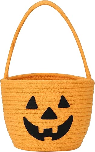 Pro Goleem Cesta de Halloween para niños, cubo pequeño de calabaza para dulces, decoraciones de Halloween naranja, bonita cesta de truco o trato