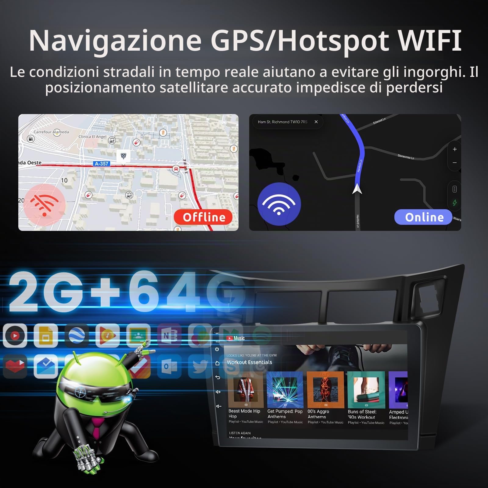 2GB 64GB Android Autoradio per Toyota Yaris 2005-2011 con Wireless Carplay Android Auto, Hodozzy 9 Pollici Touch Screen Auto Stereo GPS WiFi, Bluetooth FM/RDS Retromarcia 2 Din Radio per Toyota Yaris