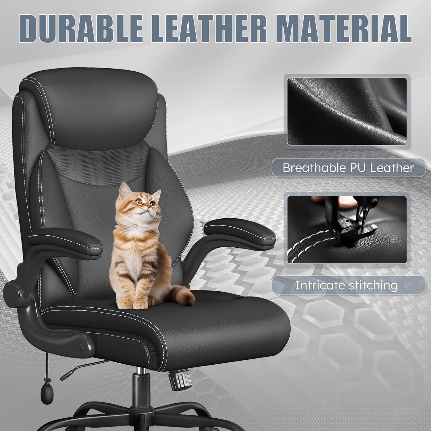 Ergonomic Office Chair, Home Desk Computer Chair, High Back Executive Chair- Padded Leather Comfy Chair with Adjustable Lumbar Support & Flip-Up Arms, Rocking Swivel Chair for Home Office,Black