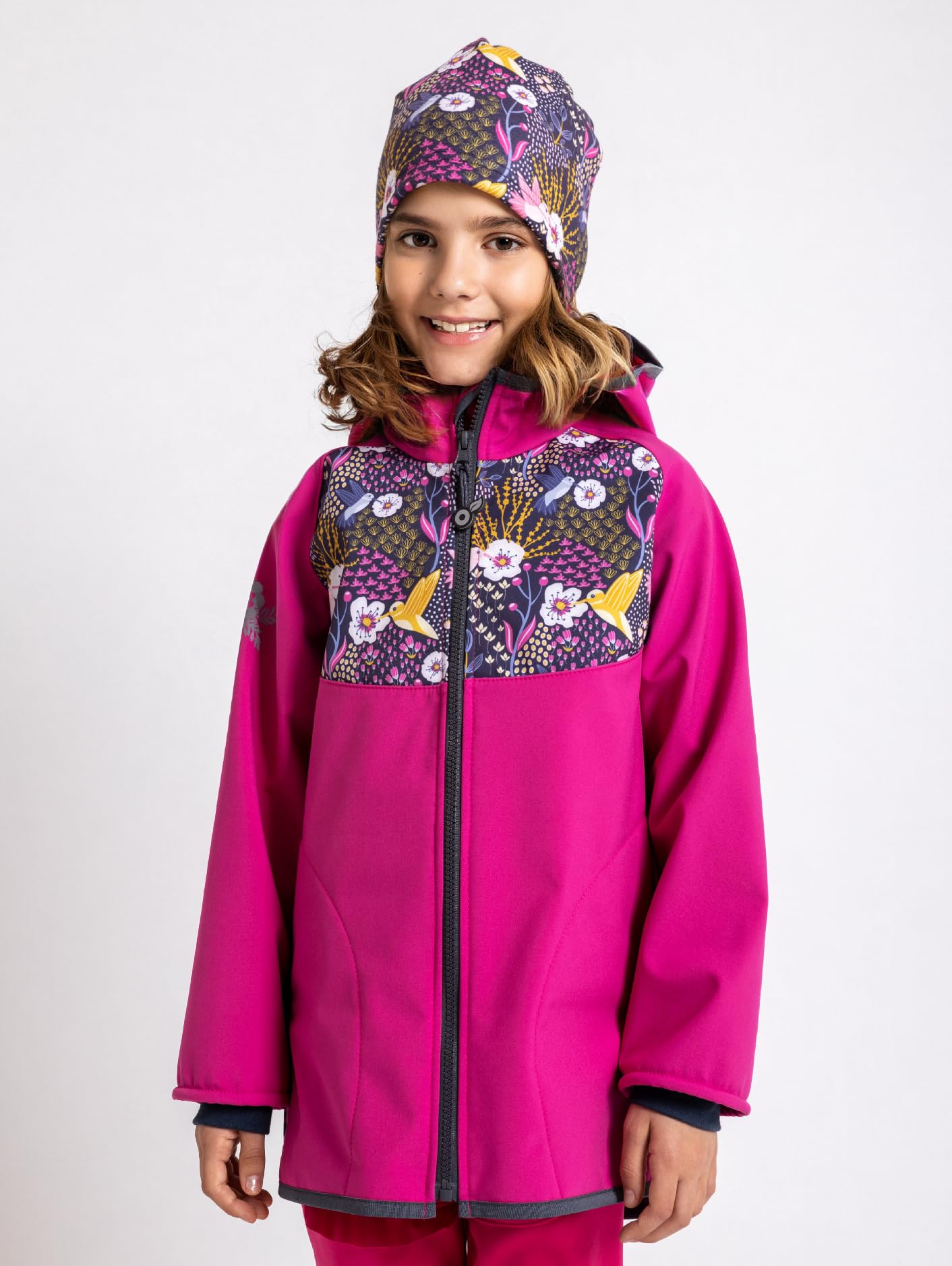 Dziecięca kurtka softshell z polaru, fuksja, koliber