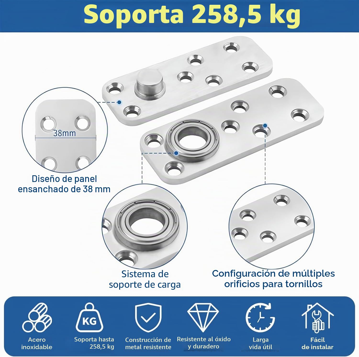 Bisagra Invisible para Puertas Pesadas - Pivote Superior e Inferior de Acero Inoxidable, Rotación 360°, Ajuste de Altura,Plata