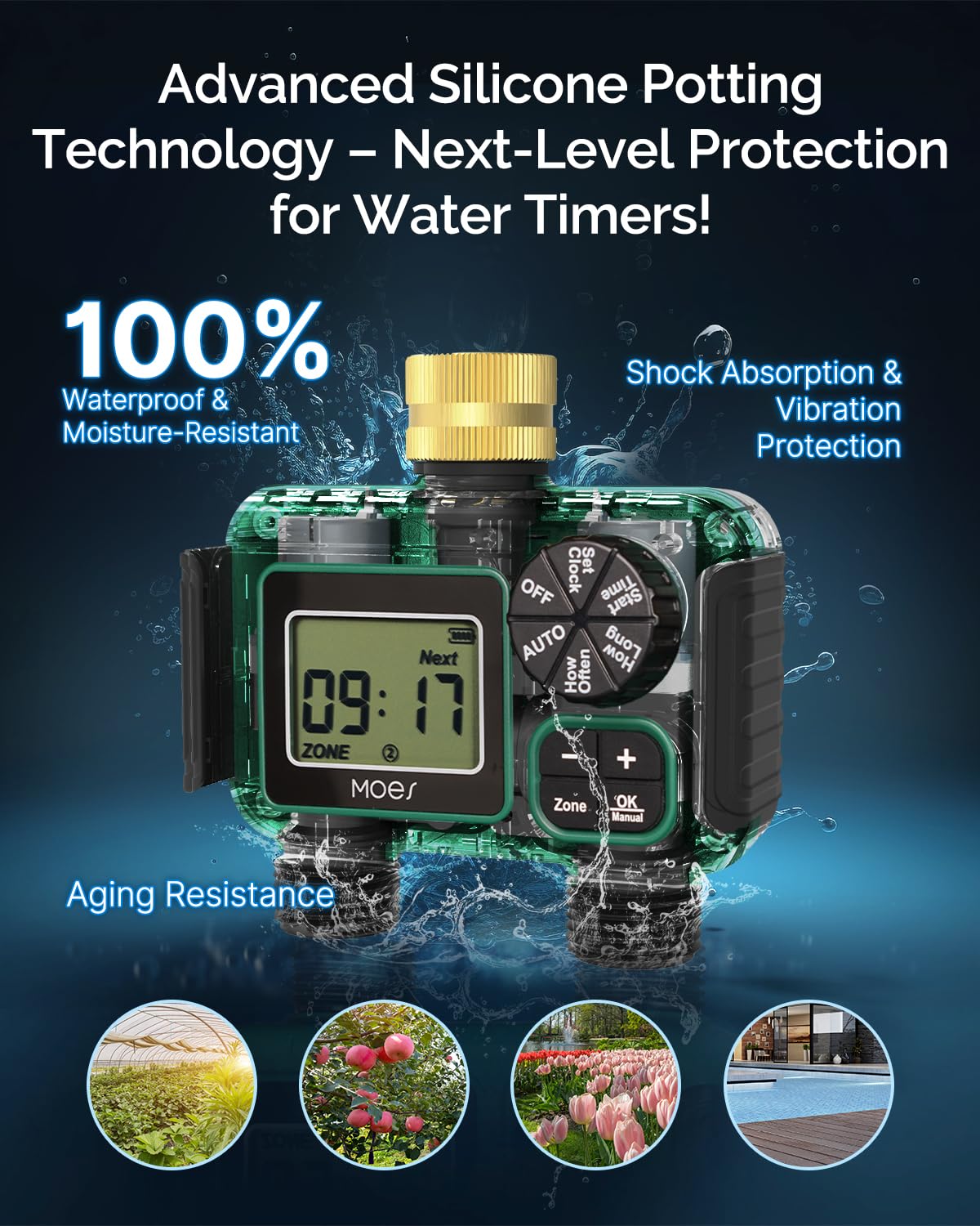 MOES Timer irrigatore a 2 uscite, ingresso in ottone, regolatore automatico programmabile per irrigazione, ritardo pioggia, irrigazione manuale, timer per tubi dell'acqua a 2 zone per giardini, prati