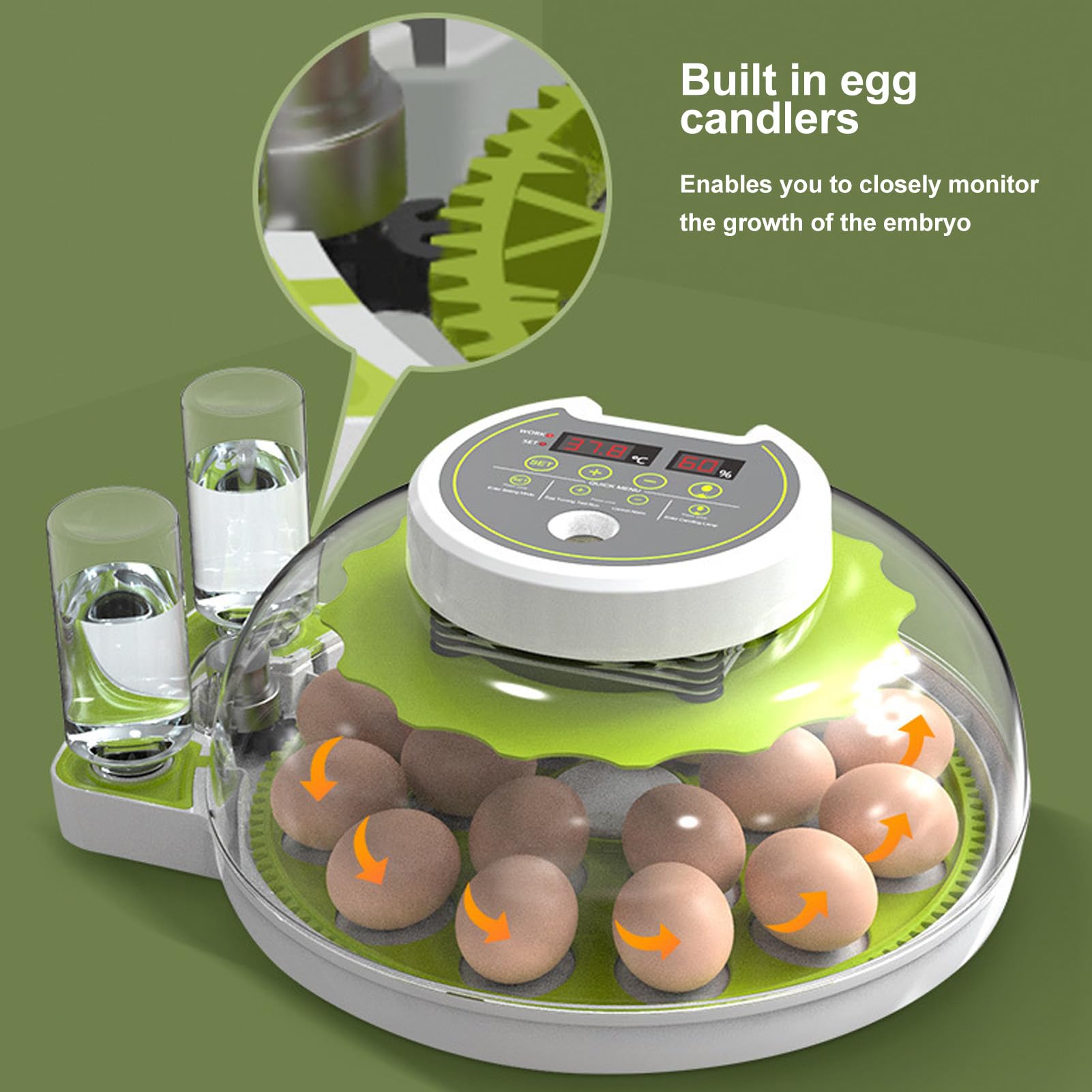 Incubatrice automatica per uova, temperatura e umidità stabili, Candele per uova integrate, Sistema di approvvigionamento idrico esterno, Turner automatico trasparente per uova di pollo, anatra, oca
