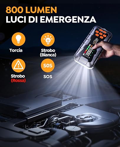 16 en 1 Booster Batterie Voiture 8000A 27000mAh, Booster Batterie(Tout Gaz ou 12L Diesel), 12V Booster avec Compresseur 160PSI, Démarreur avec Lampe 800 Lumens, Marteau de Secours et Kit d’Urgence - 6