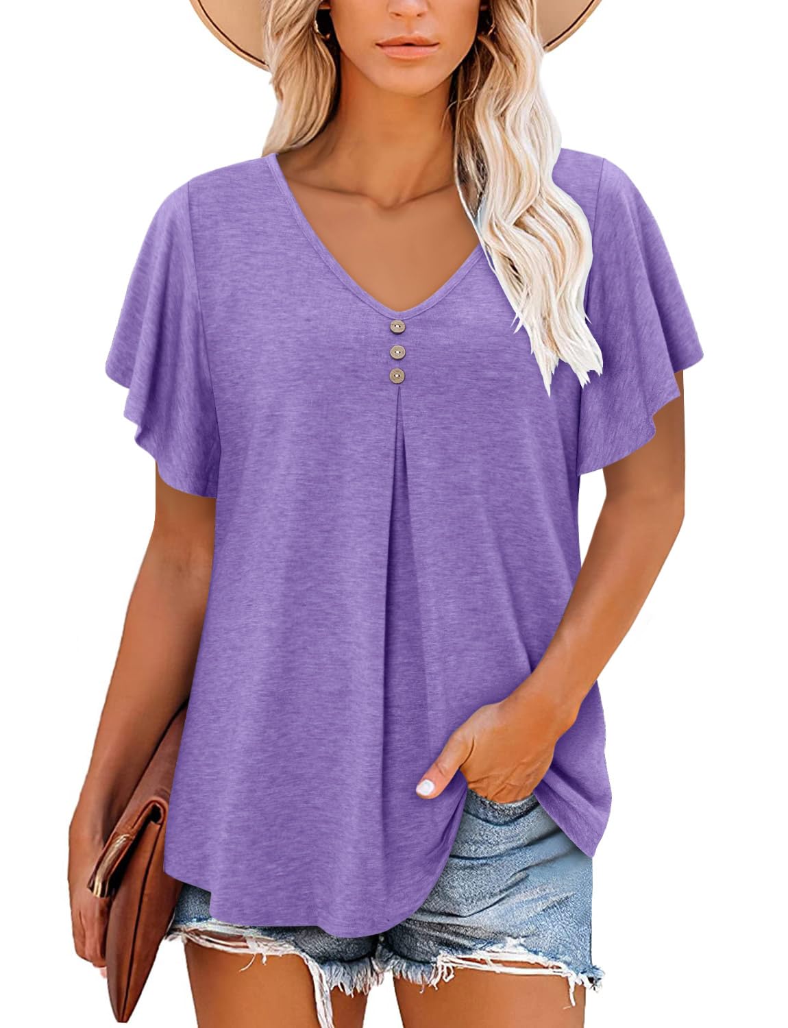 ONLYSHE Womens Summer Tunic Tops Ruffle Sleeve Pullf Short Sleeve Shirts