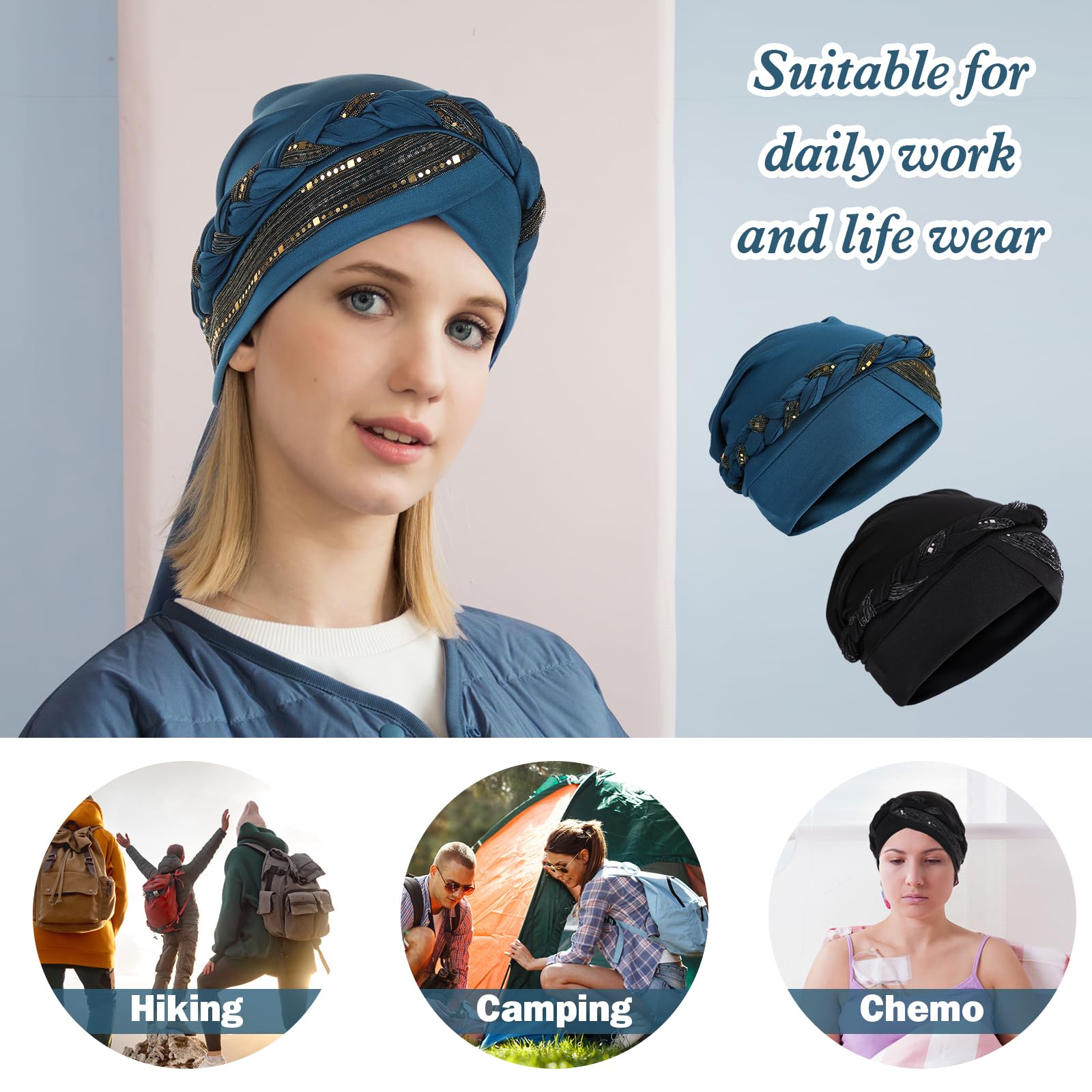XEPST 2 Pièces Turbans pour Femmes, Pré-noué torsadé Chapeau Tresse Cheveux Couvertures, Enveloppements de Tête Africains pour Femmes Noires Chapeaux de Cancer Chimio Turban