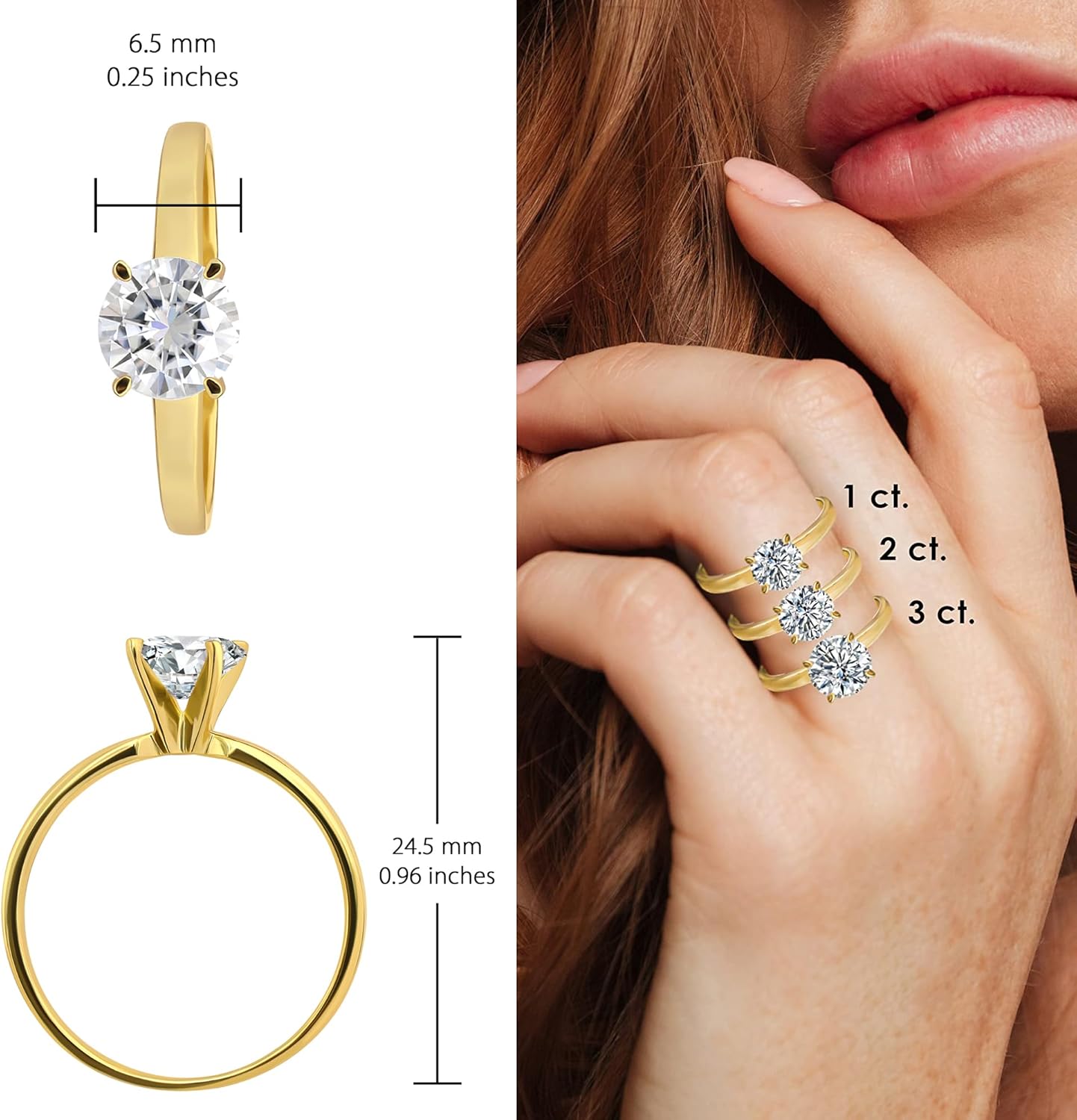 Hoops & Loops 925 Sterling Silver 1.0-3.0 Carats Round Brilliant Cut Cubic Zirconia Solitaire Engagement Bridal Wedding Statement Band Ring for Women, Silver & Yellow Gold Flashed Sterling Silver