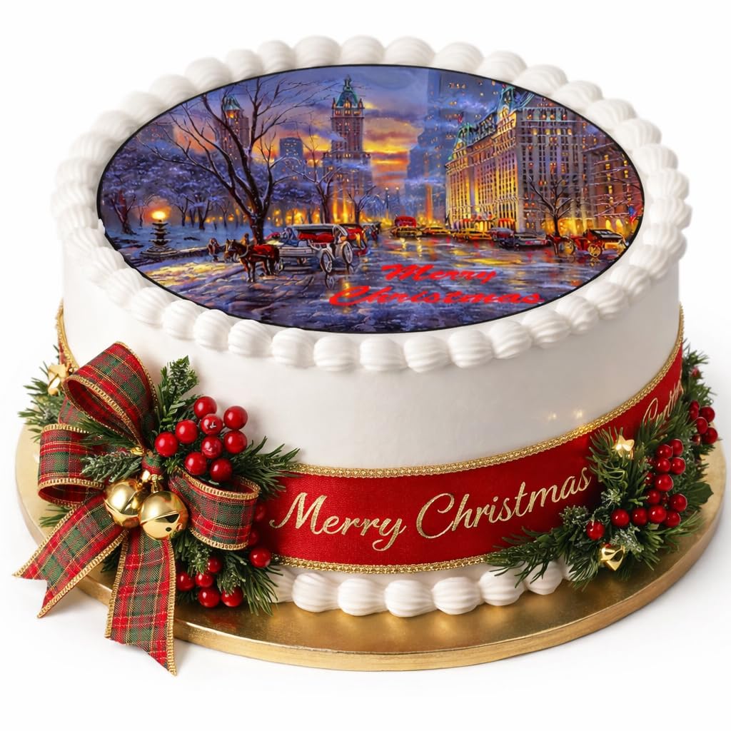 Christmas New York Scene Merry Christmas 7inch Circle on Decor Icing Sheet Edible Cake Topper - Perfect for Decorating Larger Cakes
