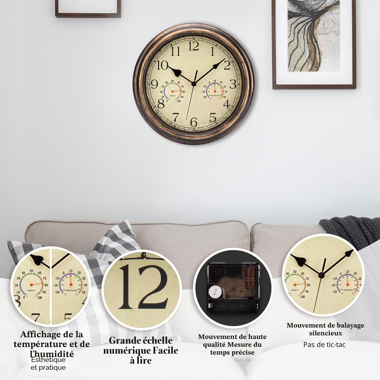 ACCSHINE Horloge Murale Extérieure étanche avec Affichage du thermomètre et de l'hygromètre, sans tic-tac, silencieuse, 30 cm, à Quartz, fonctionnant sur Pile, Grande Horloge décorative pour Jardin.