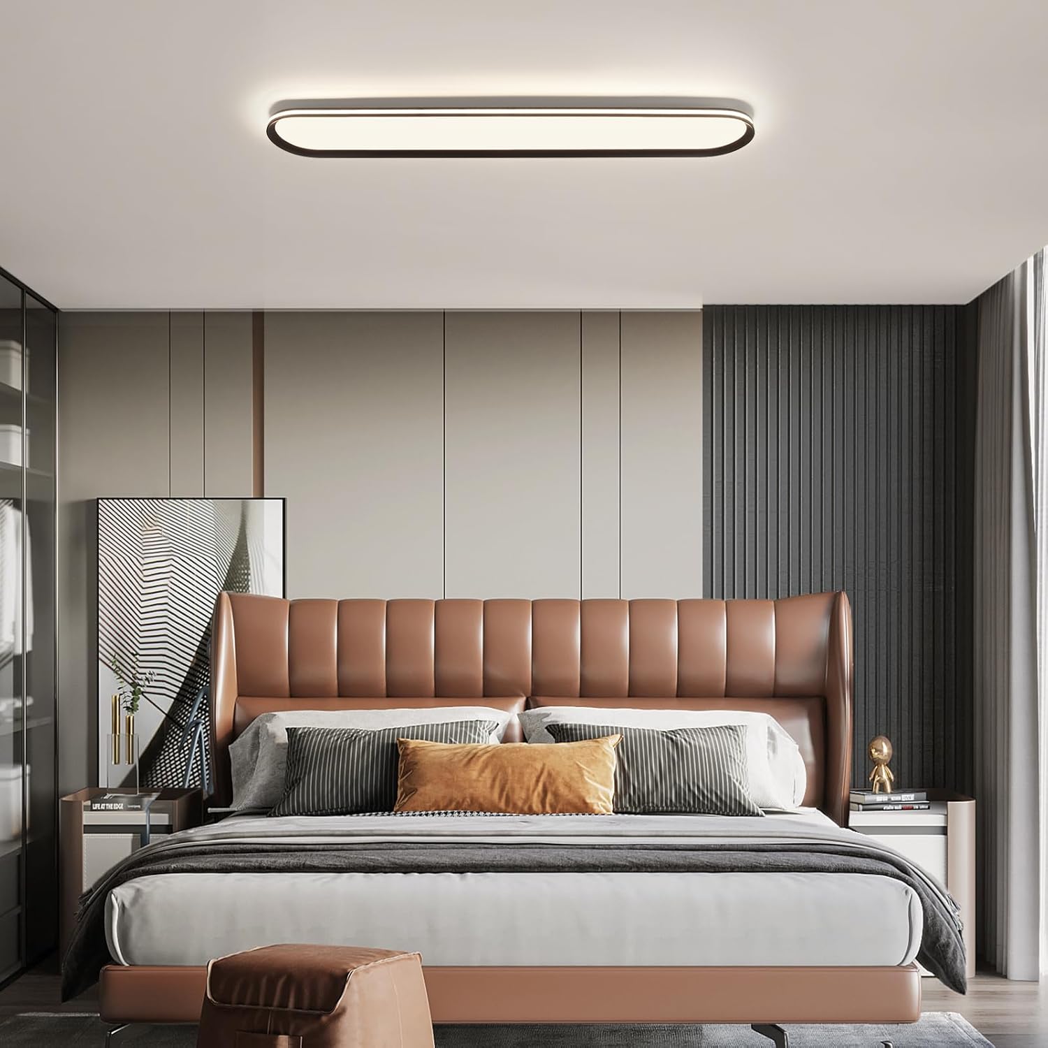 ADISUN Modern LED Ceiling Light Dimmable Linear Ceiling Light 39.4in Semi Flush Mount Long Lights with Remote Control and Side Lighting for Living Room Kitchen Dining Room (65W)