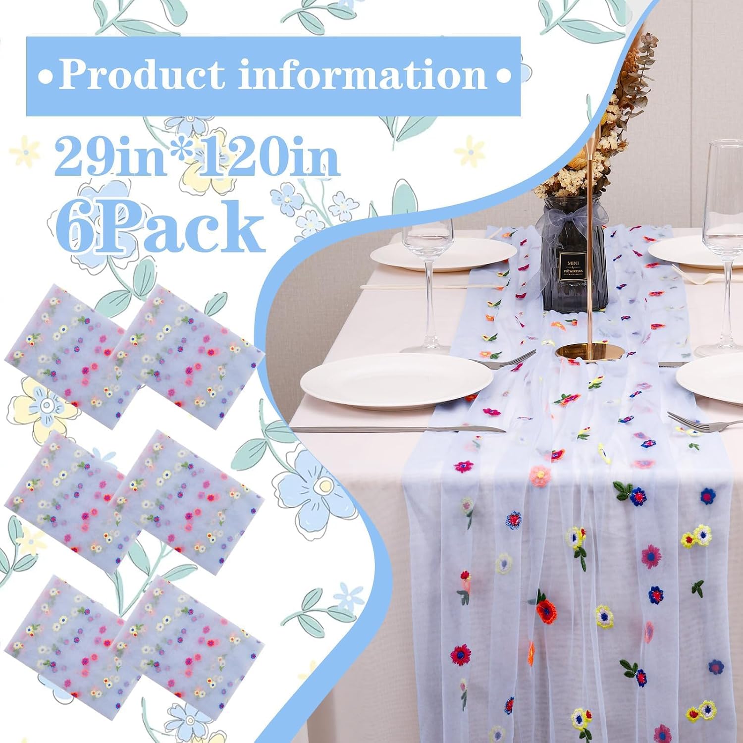 6PCS Blue Floral Table Runner 10 FT, Embroidery Daisy Table Runners Seasonal Spring Summer Sheer Tulle Dining Table Decor for Home Party Birthday Decor 29x120 Inch