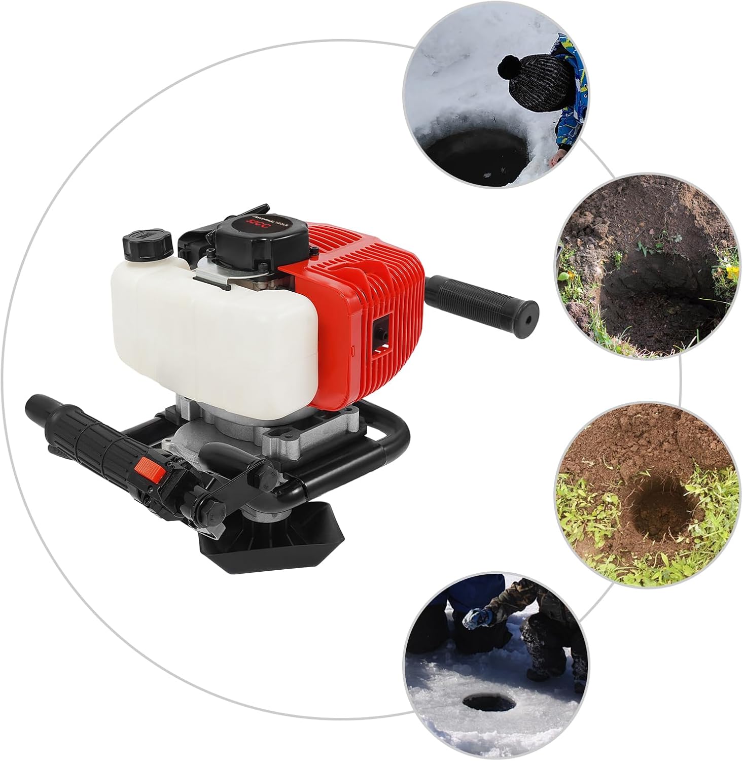 2-Stroke Post Hole Digger, Gas-Powered 52CC Earth Auger Post Fence Hole Digger Powerhead, 2HP 6500RPM Petrol Drill Borer for Garden & Lawn, Digging, Suitable Drill Bit 3.94in/5.91in/7.87in/11.81in