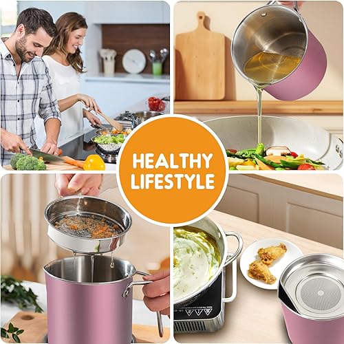 Miniatura 6 de Chihee Contenedor de grasa de acero inoxidable para tocino con filtro de malla fina, contenedor de aceite de 67.6 onzas líquidas con tapa a prueba