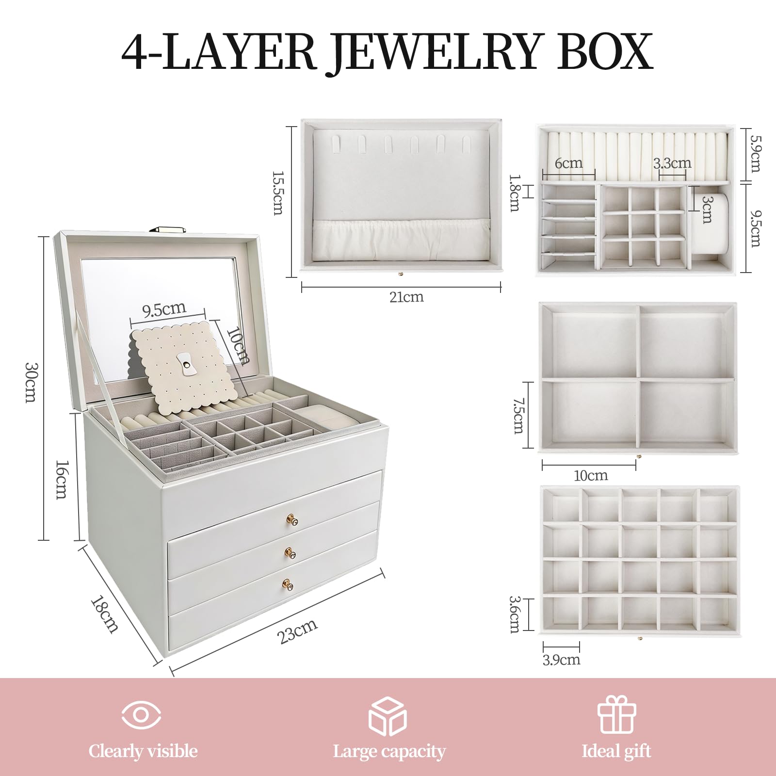 Boite a Bijoux Femme, Boîte à Bijoux, 4 Couches Grande Boite Bijoux, Coffret à Bijoux avec Tiroirs, Doublure en Velours pour Bagues, Boucles d’Oreilles, Bracelets, Colliers, Blanc