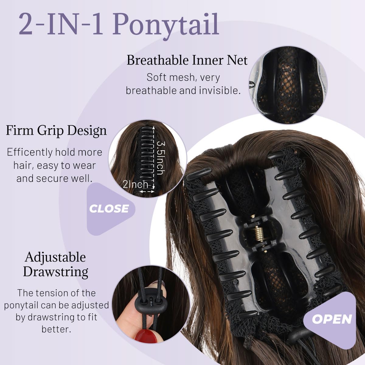 JIAMEISI Ponytail Extension 18 Inch Claw Clip Ponytail Hair Extensions Long Curly Wavy Highlight Jaw Clip in Pony Tails Extension Synthetic Fluffy Hairpiece for Women (Dark Brown with Auburn Blonde) - Image 4