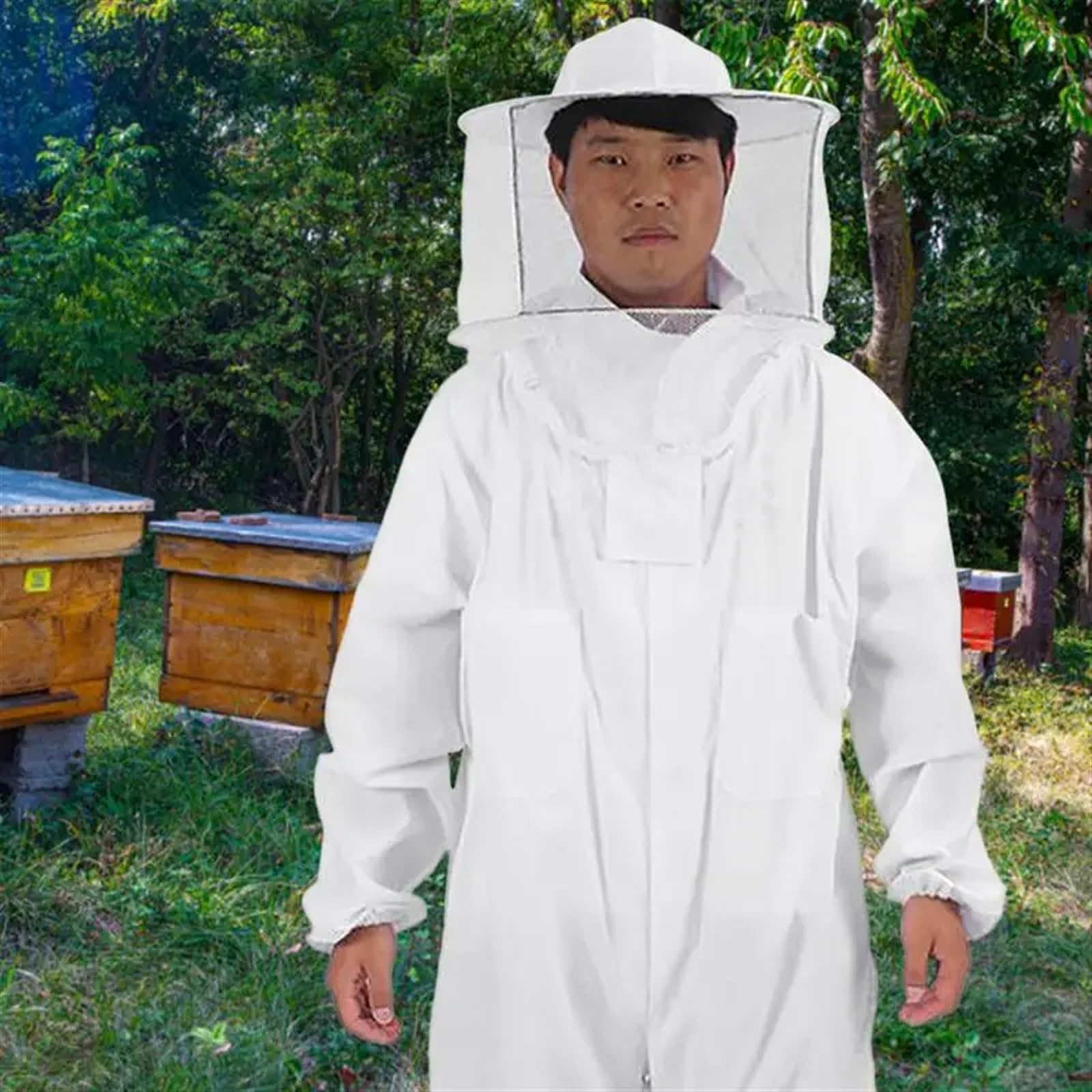 Mono De Apicultor Para Apicultores Ropa de apicultor de cuerpo completo, trajes protectores profesionales for apicultores con velo redondo antiabejas, capucha, sombrero de seguridad(L)