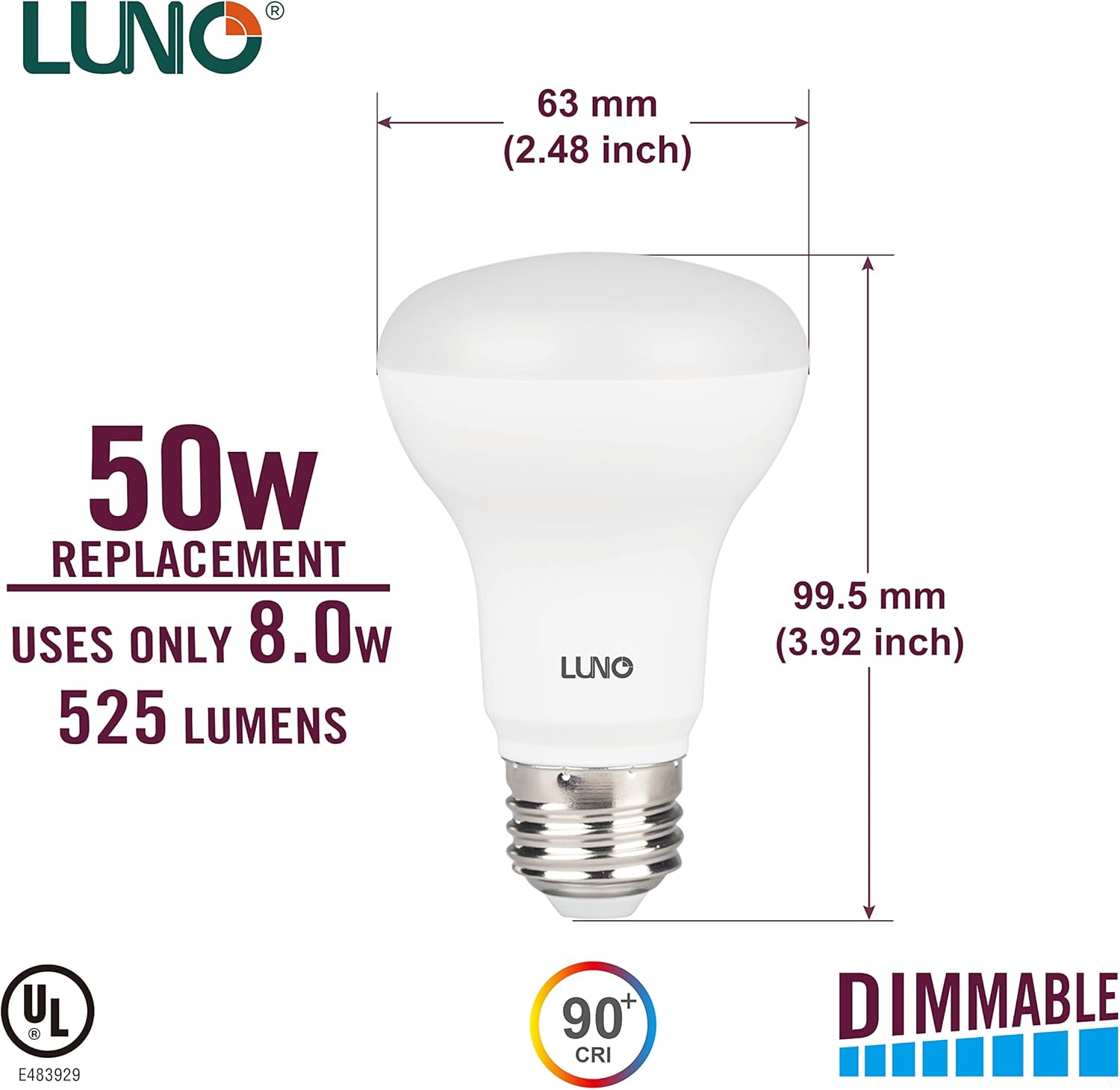 LUNO R20 Dimmable LED Bulb, CRI 90+, 8W (50W Equivalent), 525 Lumens, 5000K (Daylight), Medium Base (E26), UL & ENERGY STAR (4-Pack)