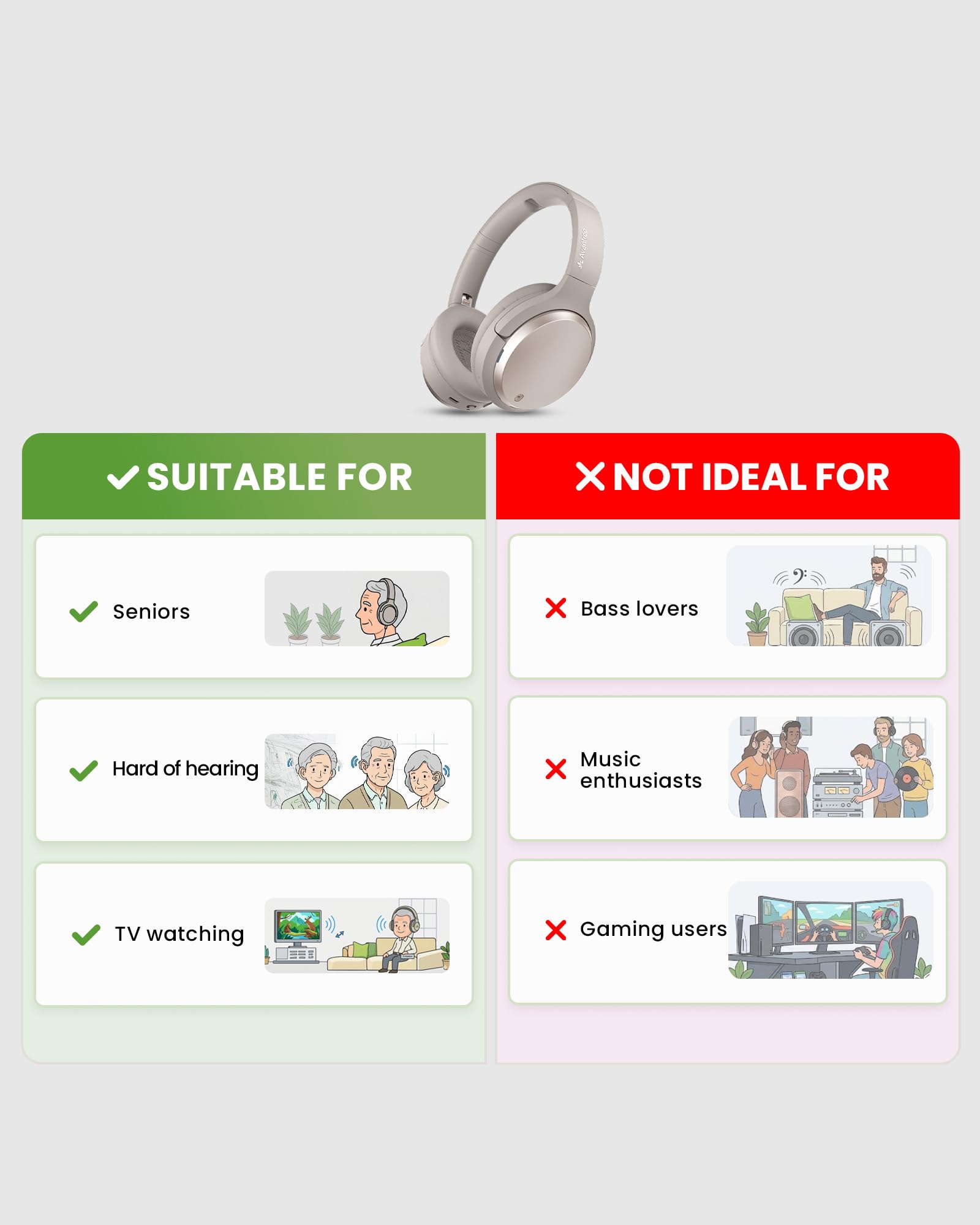 Avantree Eon Me – Casque Bluetooth à Son Personnalisé pour Seniors, Voix Claire, 60 h d’autonomie, Batterie Remplaçable, pour Smart TV, Smartphones et Tablettes