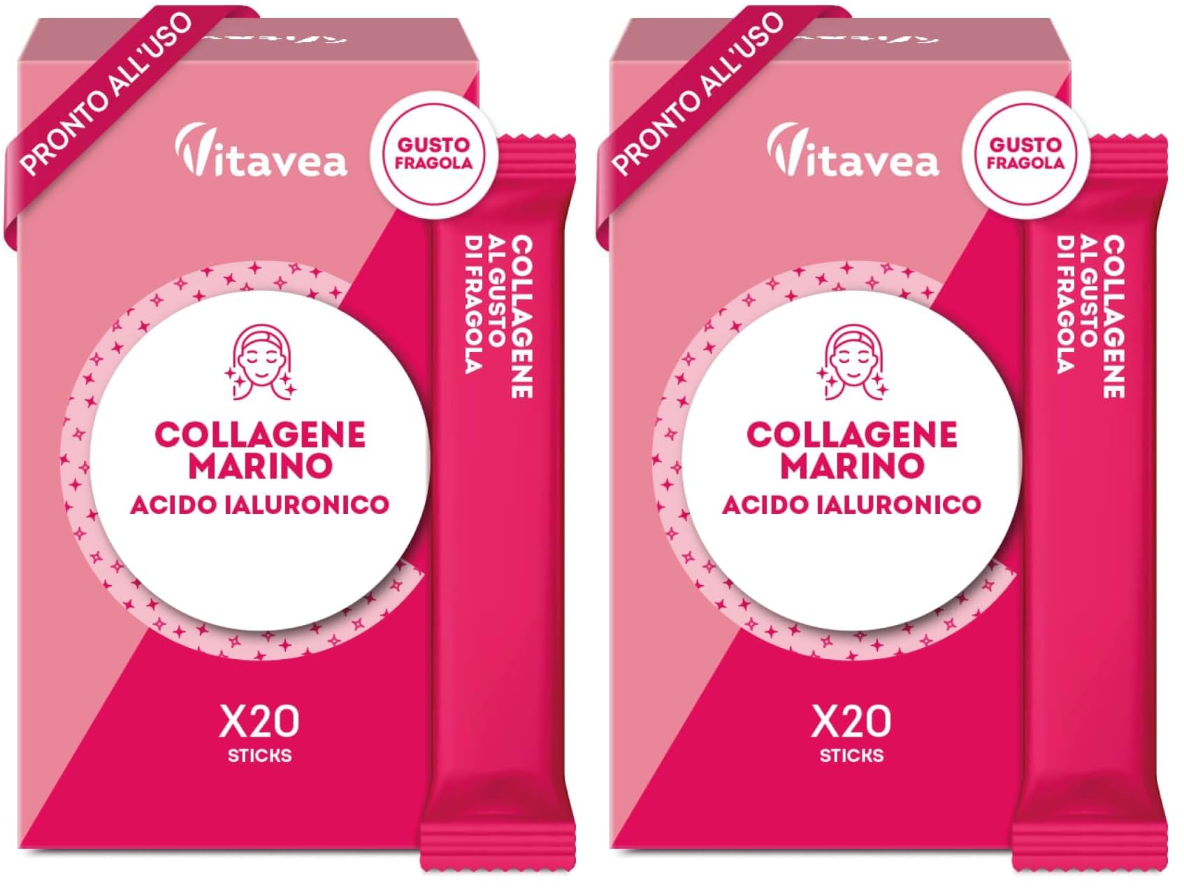 Collagene Marino e Acido Ialuronico – Stickpack Orodispersibili Senza Acqua – Integratore Antietà per Pelle Tonica e Luminosa – Gusto Fragola – 20 Stickpack – Vitavea (Confezione da 2)