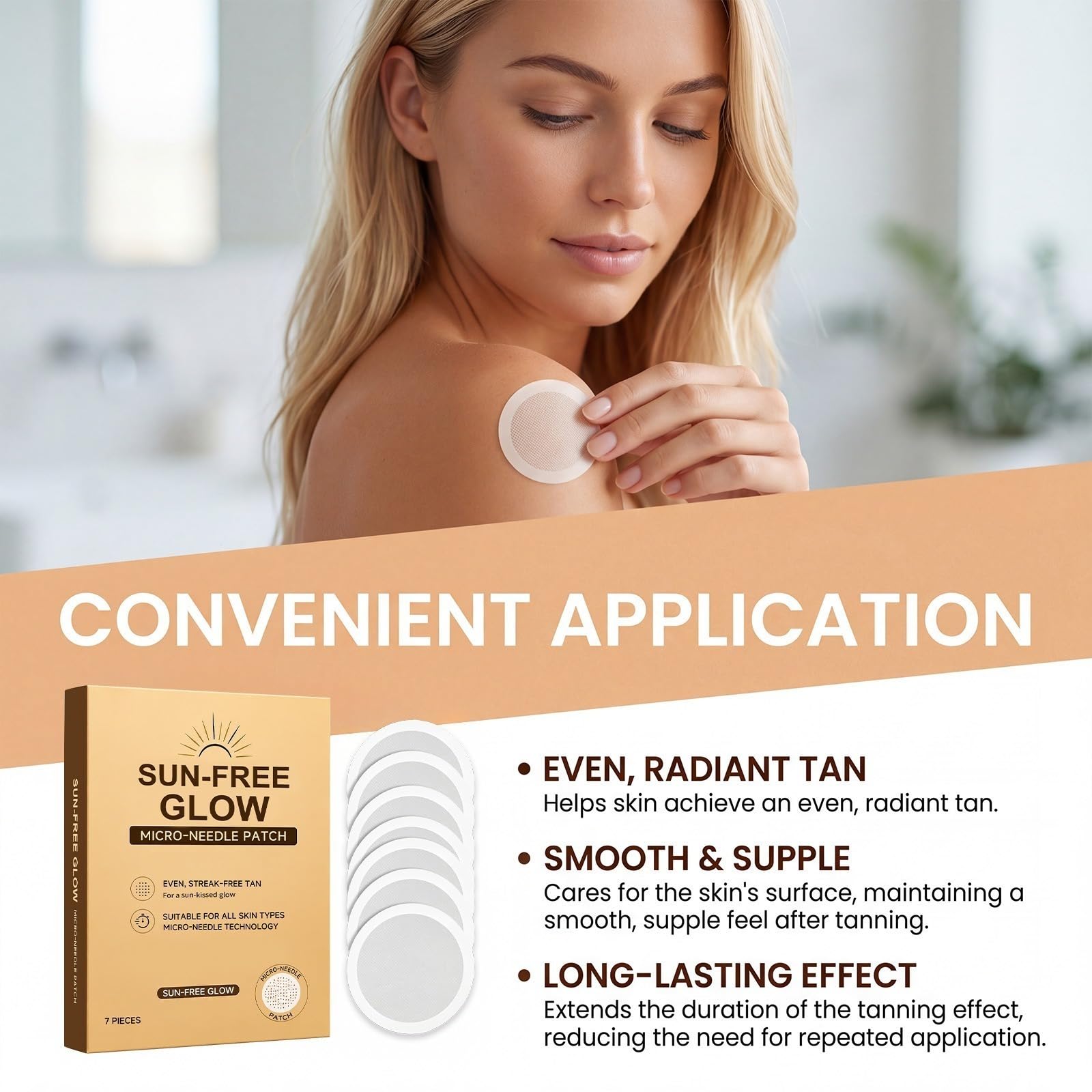 Patch autoabbronzante Micro-Needle SUN-FREE GLOW - Abbronzatura naturale uniforme senza tinta arancione, formula idratante unisex adatta a tutte le pelli