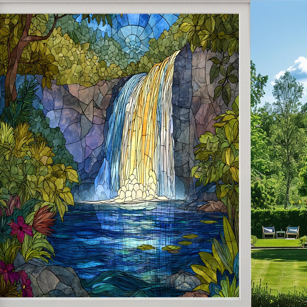 Colorful Waterfall Privacy Window Film, Natural Lake Forest Scenery Frosted Self-Adhesive Vinyl Cling for Glass Doors Bathroom Windows Sun Blocking Heat Control, （90x140cm）