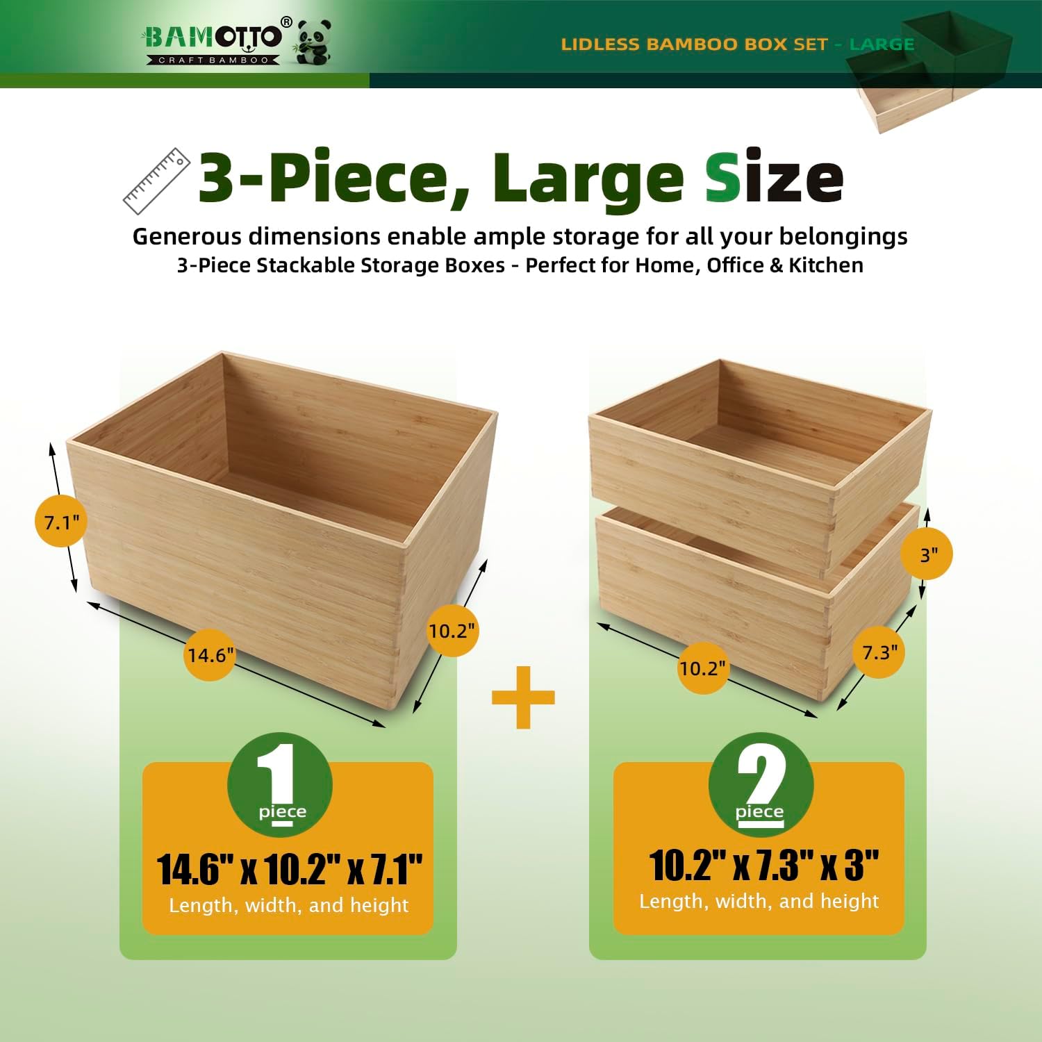 3-Piece Large Bamboo Storage Box Set - 7.1in High Stackable Deep-Drawer Organizer, Lidless Bamboo Bin for Kitchen Cutlery Utensils Knives (14.6"x10.2"x7.1"*1 + 10.2"x7.3"x3"*2) - Image 2