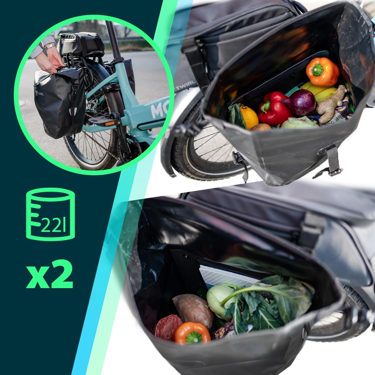 TWIRL Borsa da bicicletta per portapacchi DOPPIO, 2x 22 litri, con maniglia, tracolla e piccola tasca interna rimovibile, borsa per portapacchi, borsa posteriore per bicicletta, nera