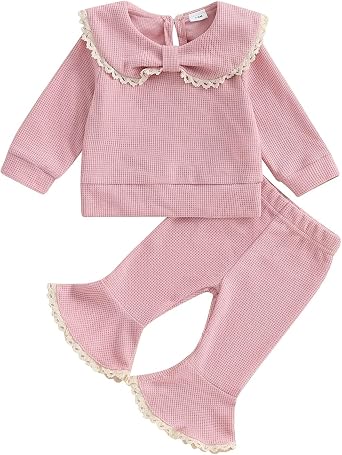 Madjtlqy Baby Girl Fall Winter Outfits Clothes Long Sleeve Doll Collar Sweatshirt Tops + Bell Bottoms Set