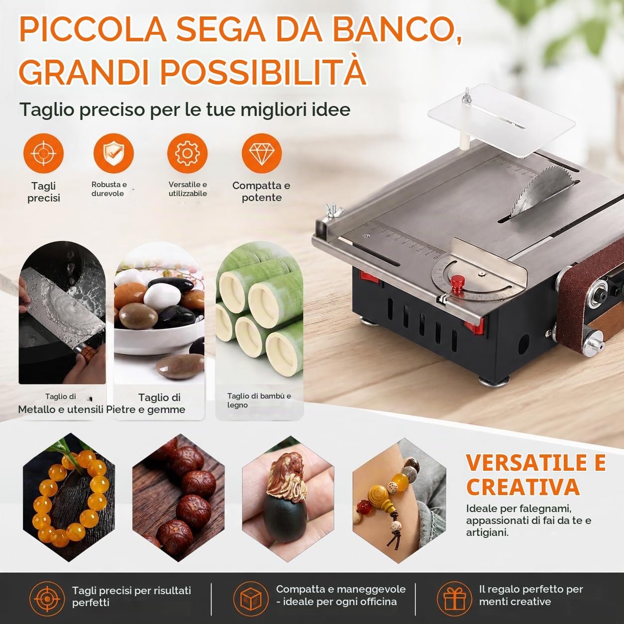 Sega circolare da tavolo con cinghia abrasiva, 200 W, 10000 giri/min, mini sega da tavolo, 7 marce, profondità di taglio 33 mm