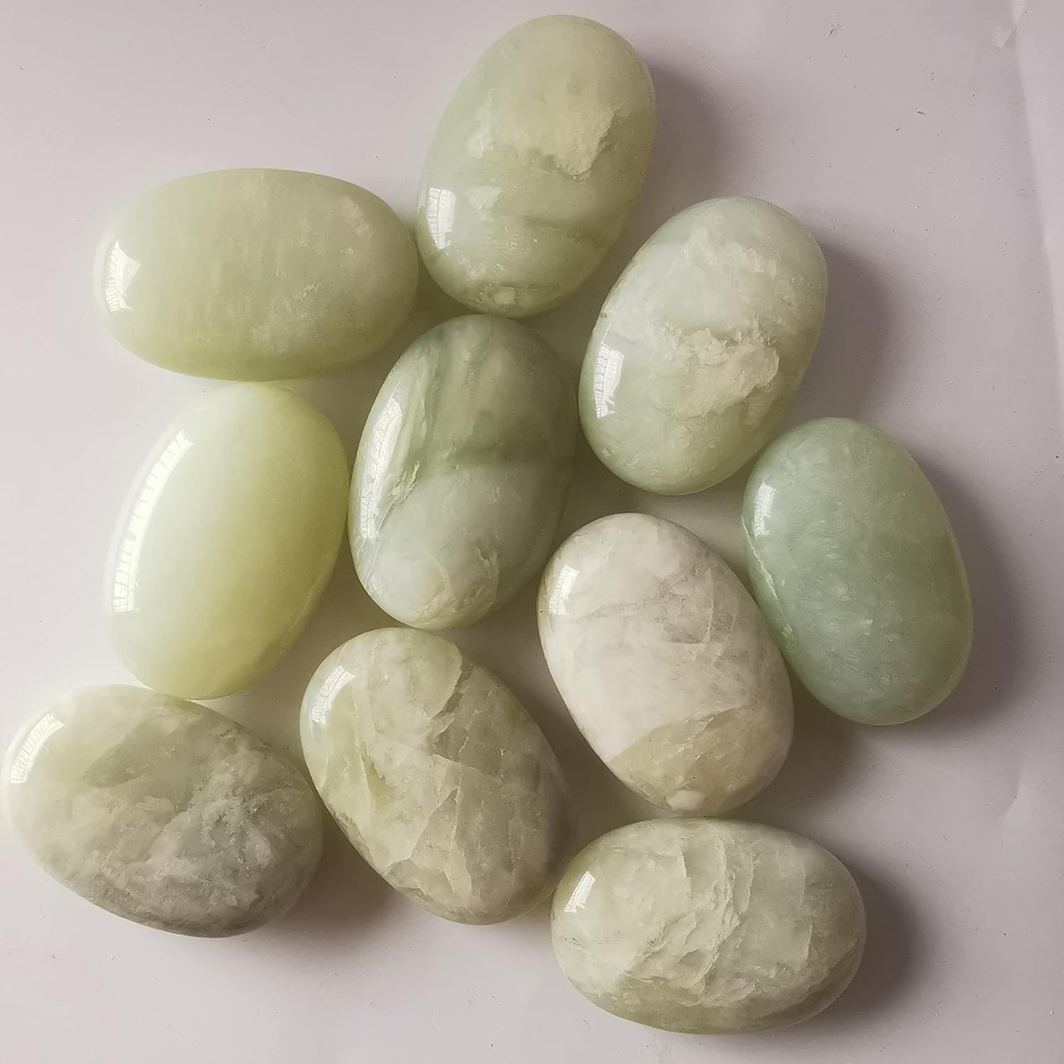 Natural New Jade Oval Polished Worry Stones, Healing Crystal Indoor Fountain Stones Massage Energy Anxiety Relief Items