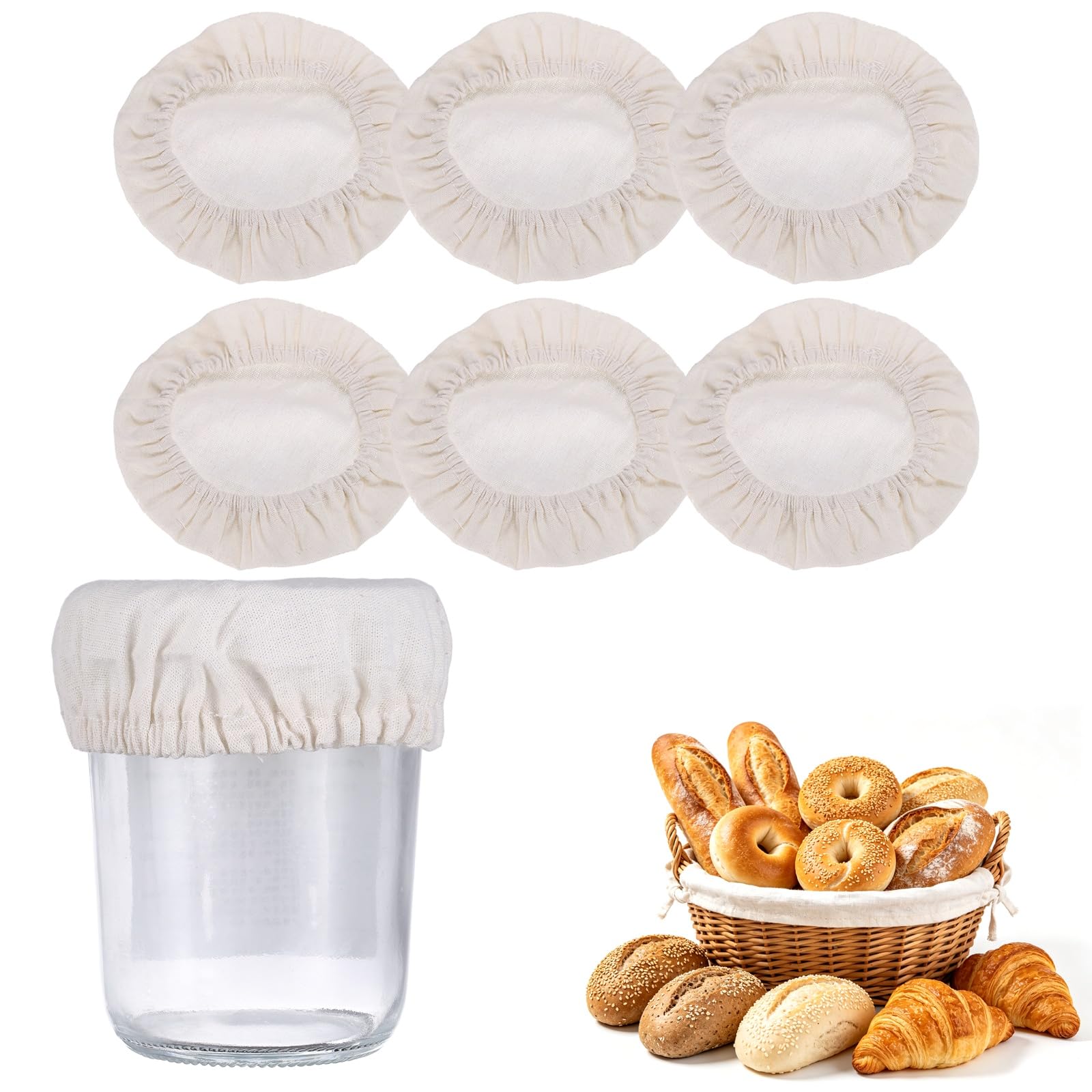sourcing map 6 Pack Sourdough Jar Cover, 110mm Wide Mouth Reusable Cloth Lid Cloth Bread Fermentation Container Top Elastic Fabric Caps for 90-100mm Diameter Bowl and Jar Mouth, Beige