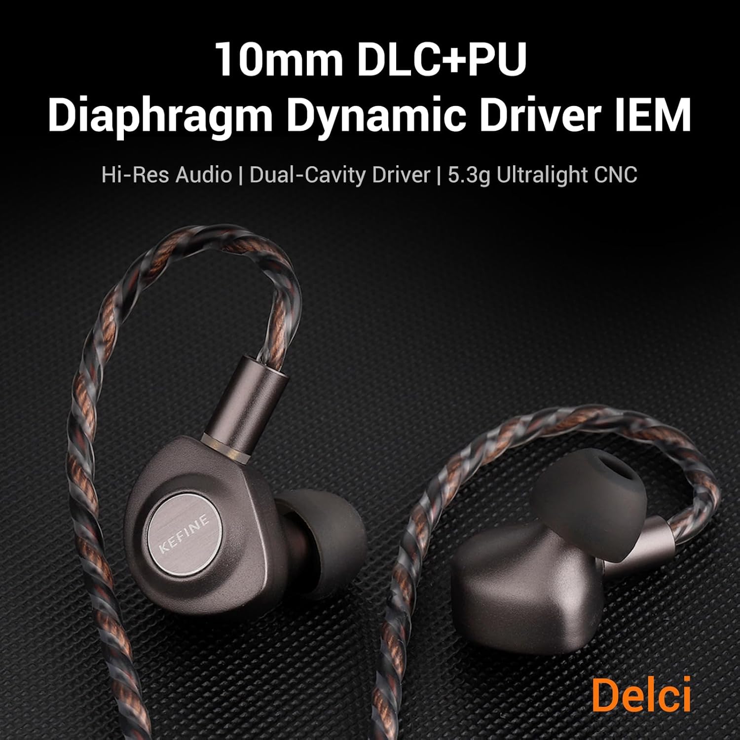Delci 10mm DLC+PU Dynamic Driver in-Ear Monitors, Hi-Fi Wired Earphones with Interchangeable Tuning Nozzles, CNC Aluminum Wired Earphones, Detachable Hybrid 164-Core Silver-Plated Cabl (3.5mm)