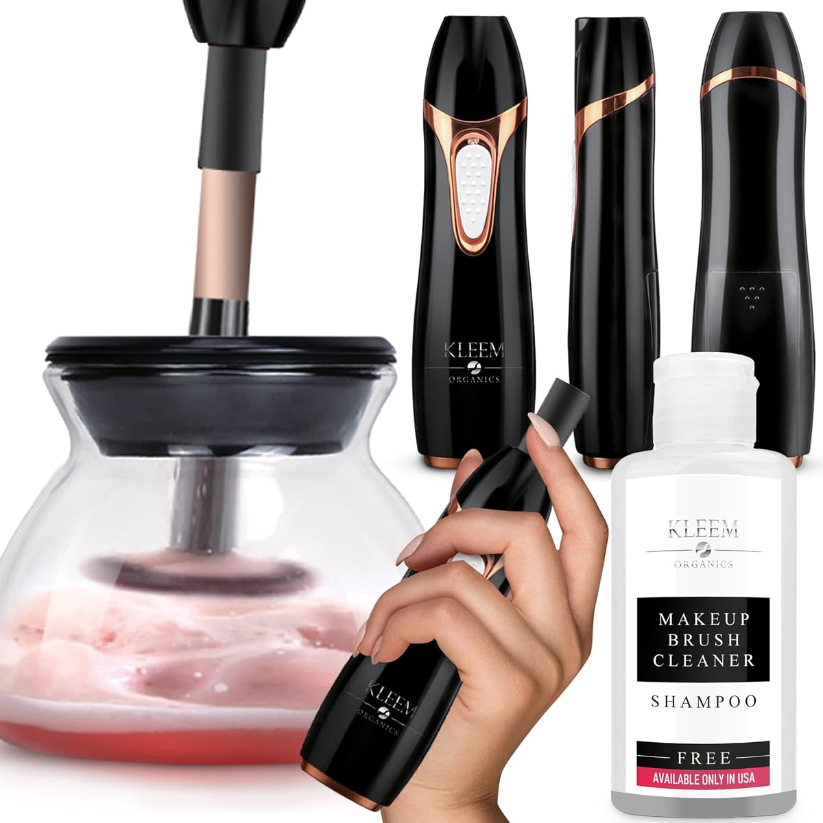 Máquina limpiadora de brochas de maquillaje eléctrica Kleem | Lavadora automática de brochas de maquillaje y secadora giratoria con champú limpiador gratuito | Cerdas de doble fibra para sombra de ojos y base | Fabricado en Estados Unidos | Negro