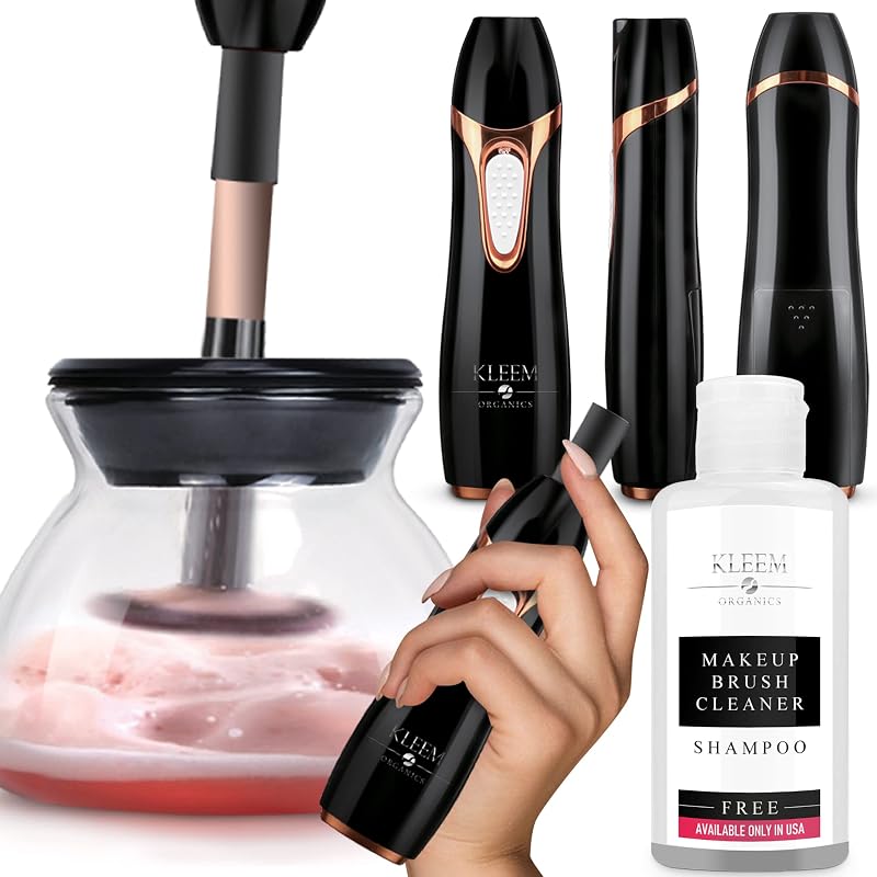 Limpador elétrico de pincéis de maquiagem Kleem Organics preto, com lavagem e secagem por rotação