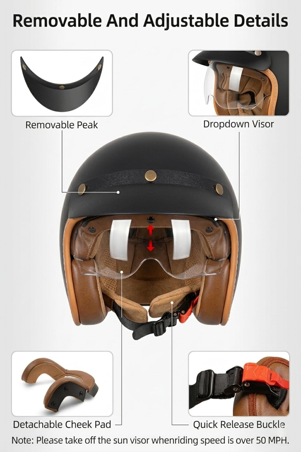 YEMA Retro 3/4 Open Face Motorcycle Helmet for Adults - DOT Approved, Classic Moped Helmet with Drop-Down Sun Shield & Detachable Peak, Comfort Fit for Cruiser, Scooter