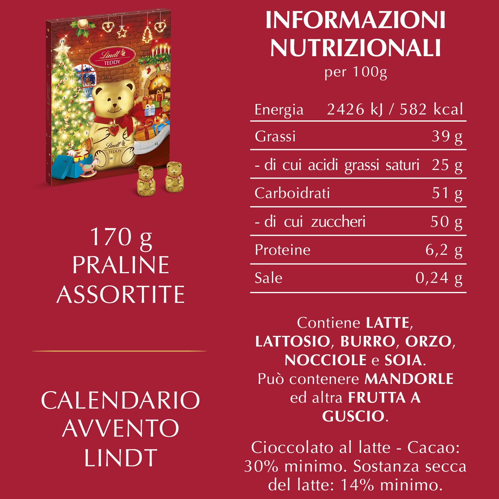 Lindt Calendario Avvento 2025 Teddy Orsetto, 24 cioccolatini, 170g