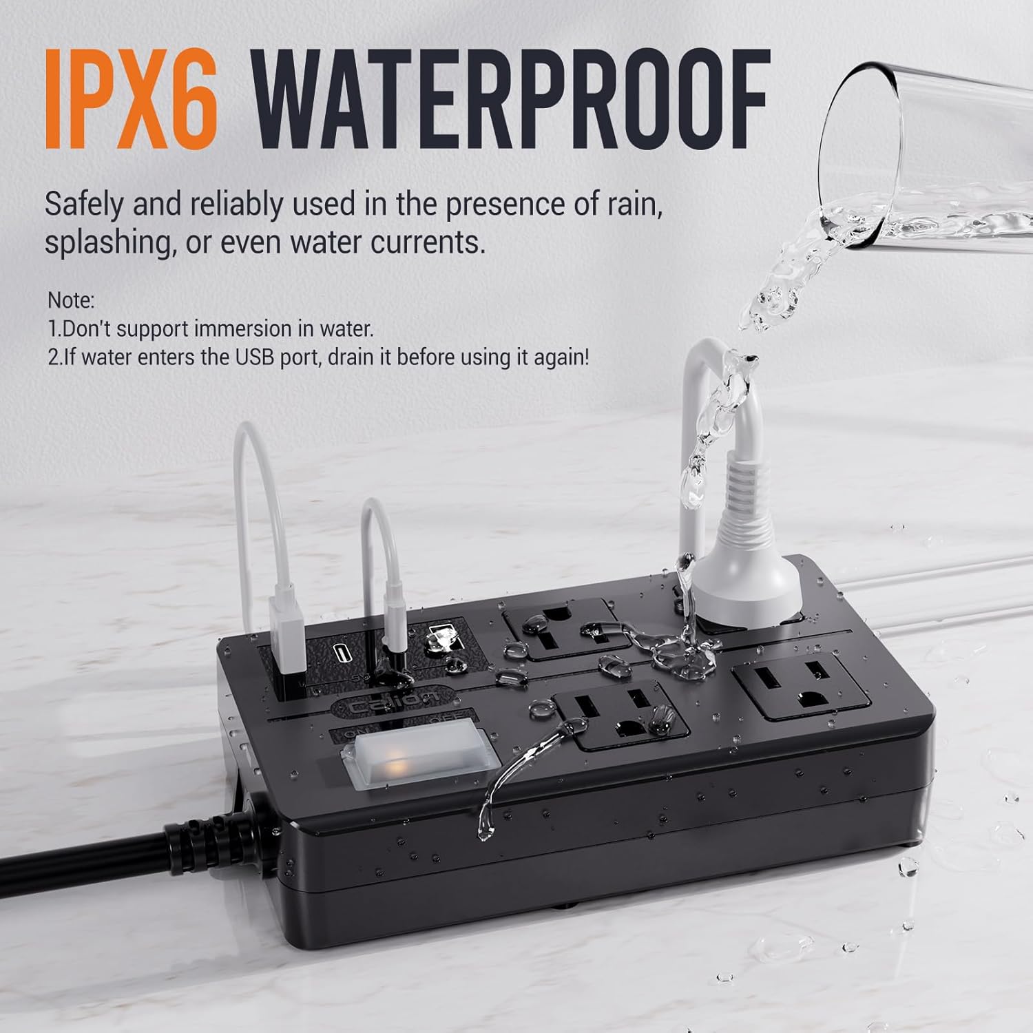 15FT Outdoor Waterproof Power Strip Surge Protector with 4AC Outlets 4USB Ports Power Switch Safety Lock, ETL Certified for Patio Garden Charging