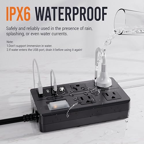 Miniatura 3 de Tira de alimentación IPX6 para exteriores resistente a la intemperie, cable de extensión para exteriores de 10 pies, múltiples salidas con puertos