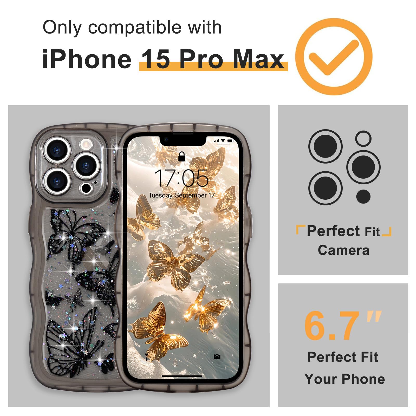 IPhone 15 Hülle – Schmetterling Design, Glitzernd, Mit Kameraschutz & Stoßfest