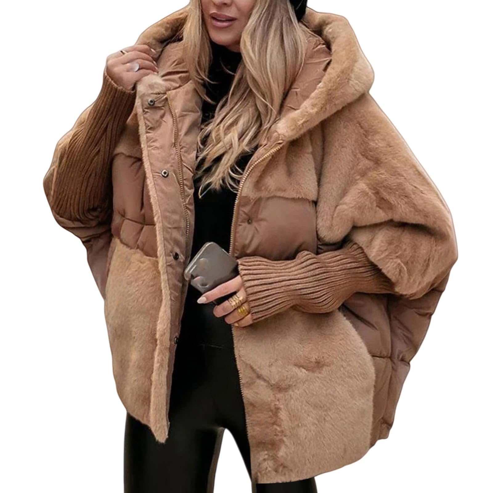Generisch Oversized Damen-Steppjacke mit Kapuze, Patchwork-Design, wattiert, leicht und warm, Winterbekleidung