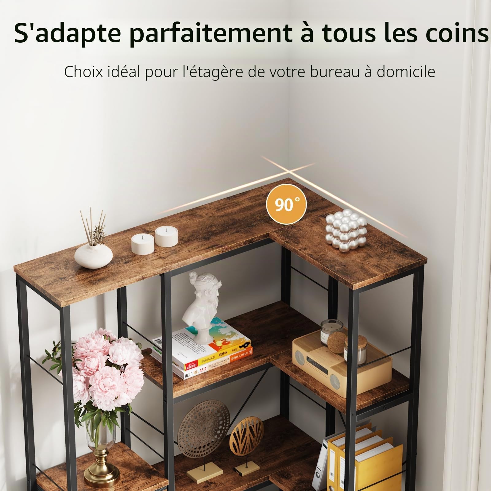 Étagère d'Angle, Bibliothèque 5 Niveaux LED, 4 Tiroirs Tissu, Bois Rustique | Bibliothèque Meuble d'Angle, Étagère d'Angle Murale, Rangement Salon Chambre Bureau, Bibliothèque Industriel Bois