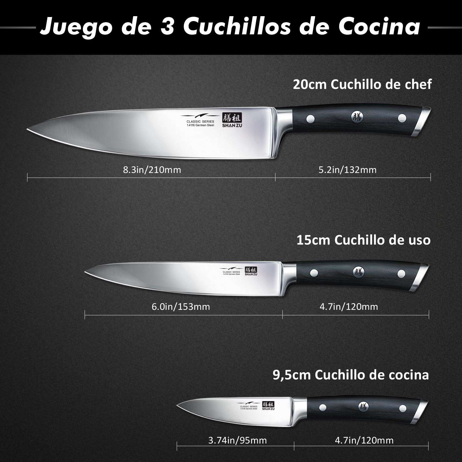 SHAN ZU Juego de 3 Piezas de Cuchillos de Cocina, Cuchillo de Chef 20cm de Acero Inoxidable Alemán, Cuchillo Universal 15cm, Cuchillo Puntilla para Pelar 9,5cm, Cuchillos para Fruta y Verdura, Carne